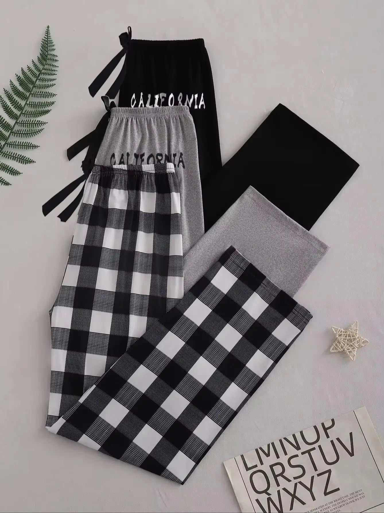 3Pcs Casual comfort simple pattern print black pants Gray pants plaid pants Three pants women's pajama pants