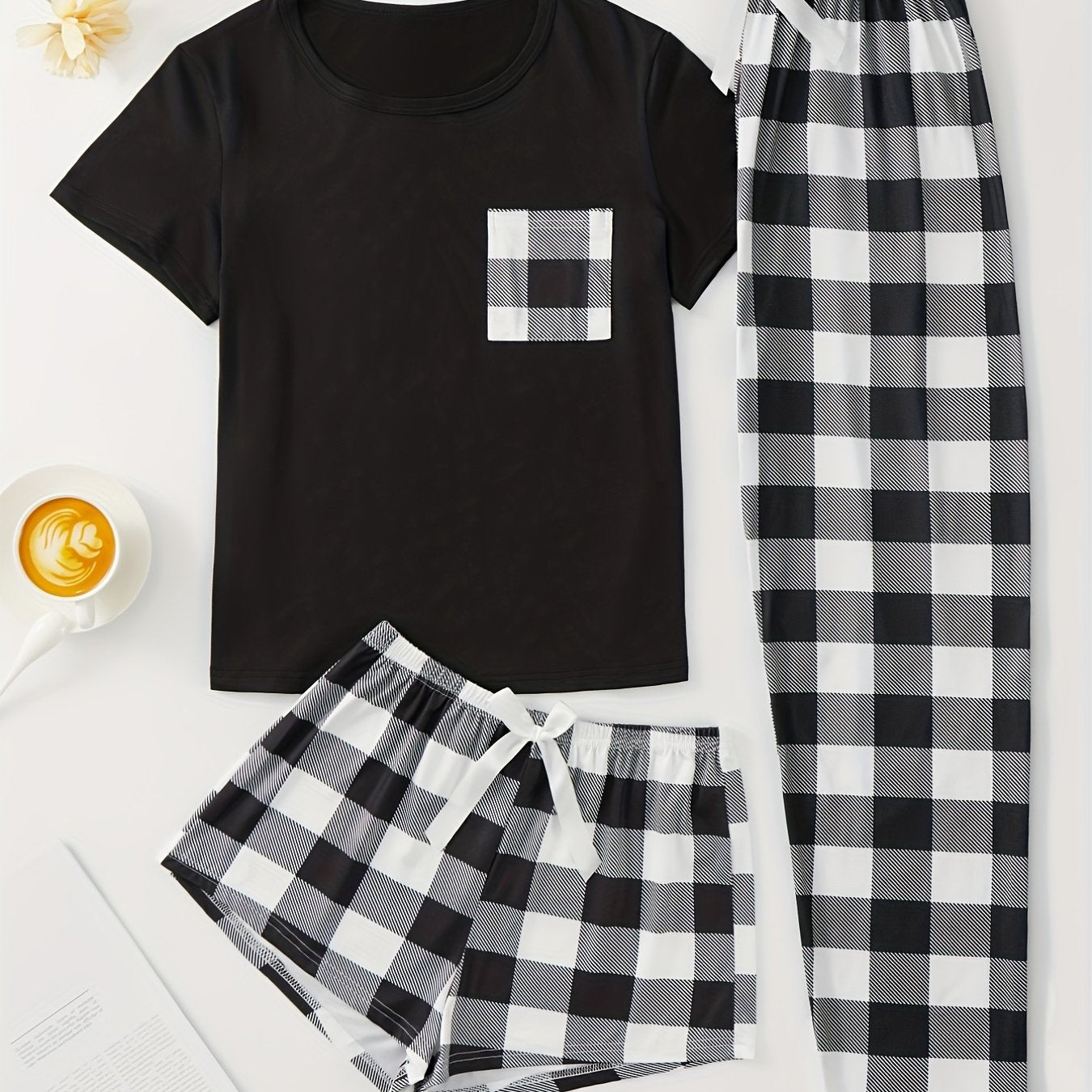 Plaid Print Pajama Set, Short Sleeve Crew Neck Top & Elastic Waistband Shorts & Bow Pants, Women's Sleepwear & Loungewear