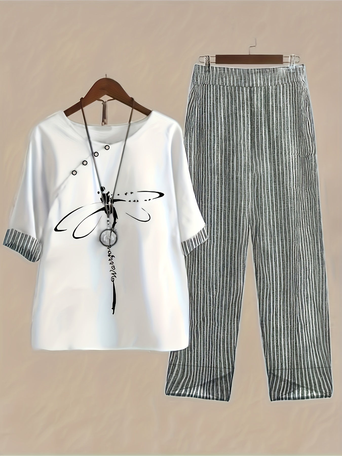 Dragonfly & Stripe Print Two-piece Set, Contrast Trim Crew Neck Top & Baggy Pants Outfits, Women's Clothing