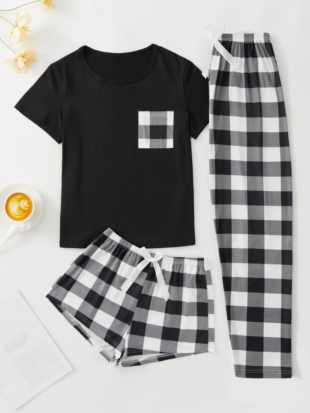 Plaid Print Pajama Set, Short Sleeve Crew Neck Top & Elastic Waistband Shorts & Bow Pants, Women's Sleepwear & Loungewear