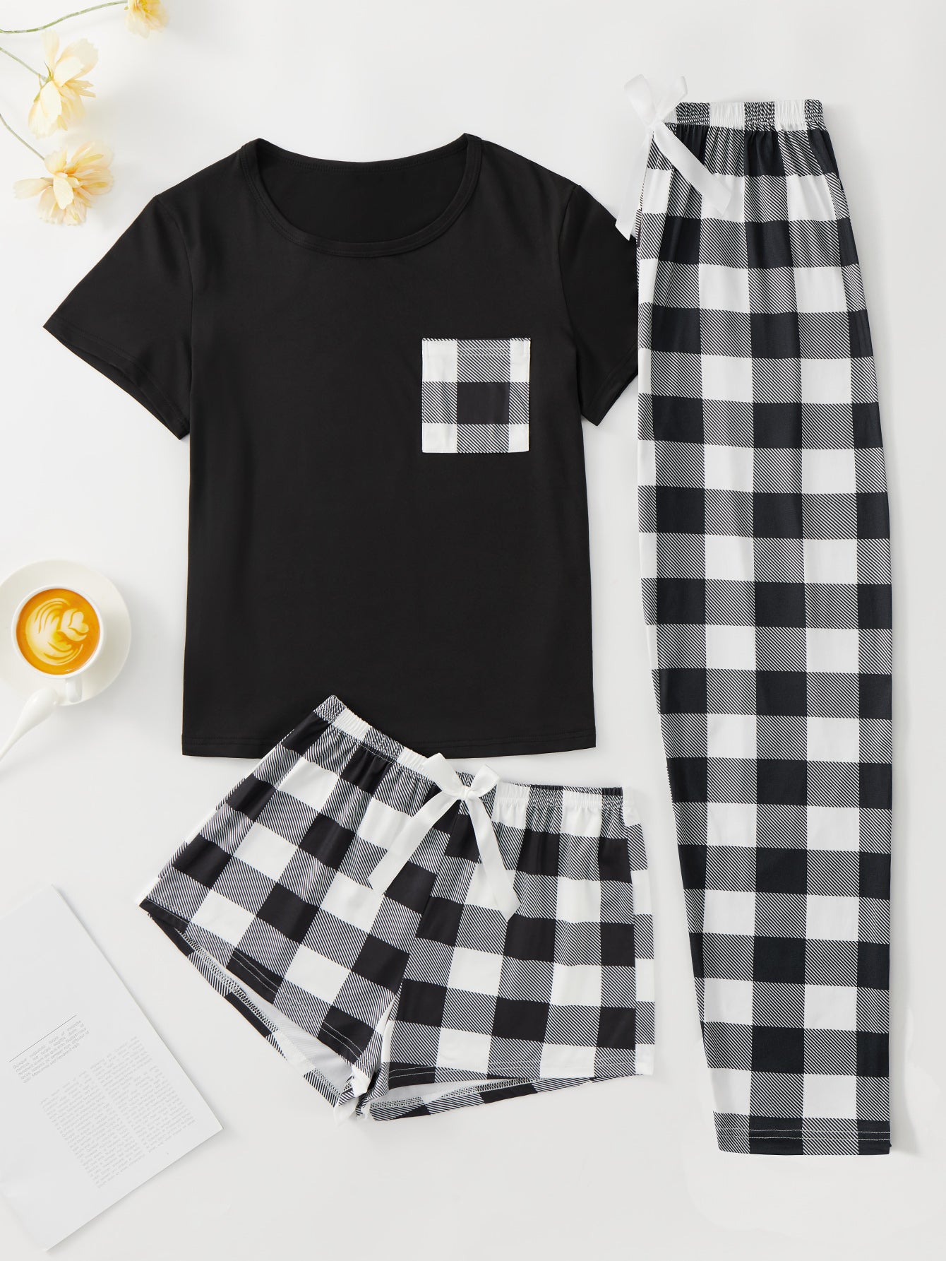 Plaid Print Pajama Set, Short Sleeve Crew Neck Top & Elastic Waistband Shorts & Bow Pants, Women's Sleepwear & Loungewear