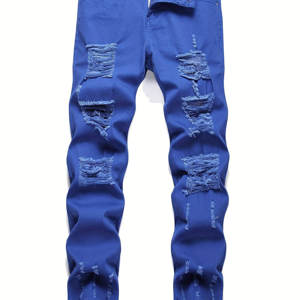 Men's Chic Slim Fit Ripped Jeans - Distressed Mid Stretch Denim Pants for Spring Summer Casual Street Style