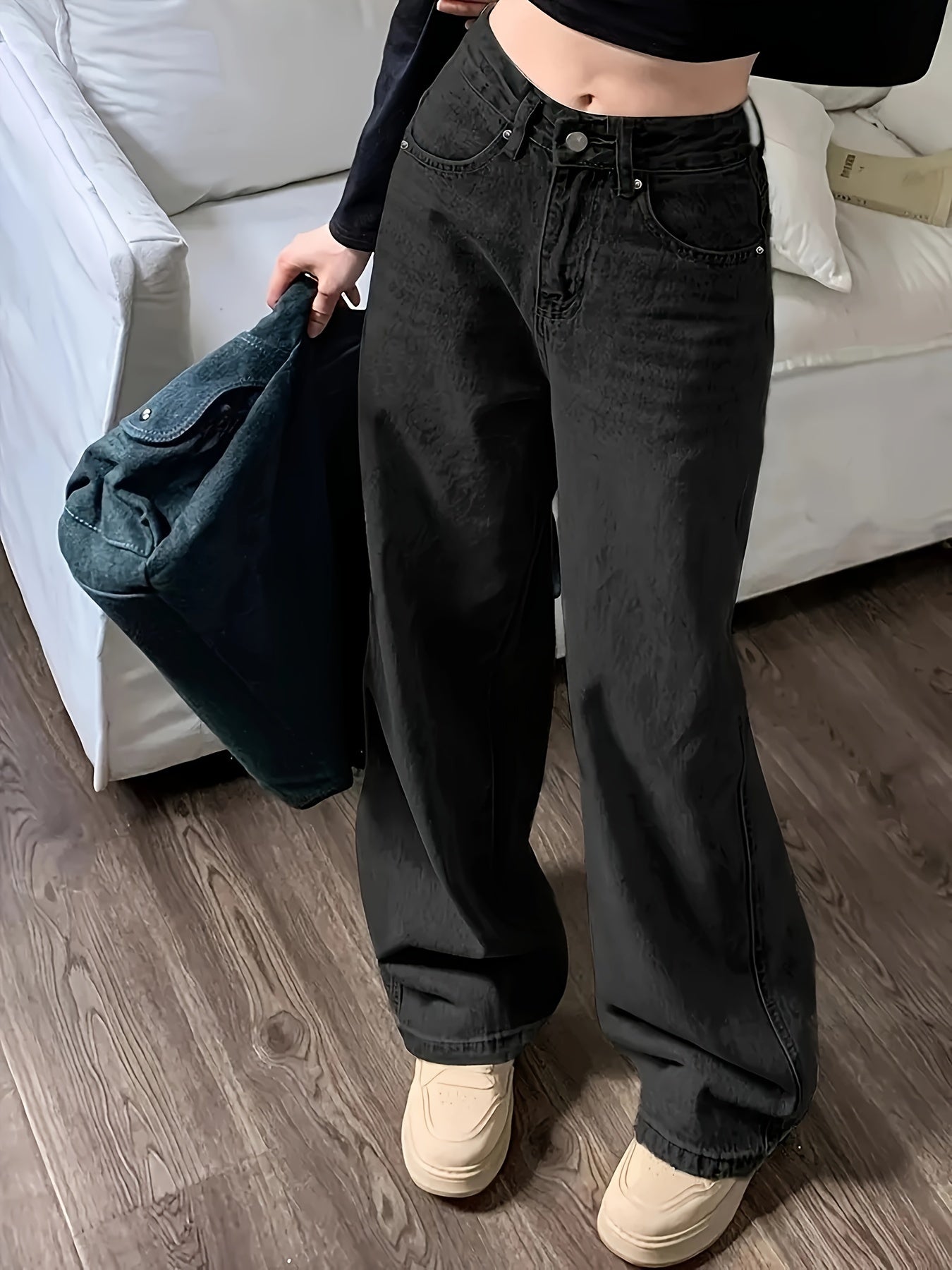 Vintage Wide Leg Jeans, Slant Pocket Loose Stylist Streetwear Baggy Denim Pants, Women's Denim Jeans & Clothing