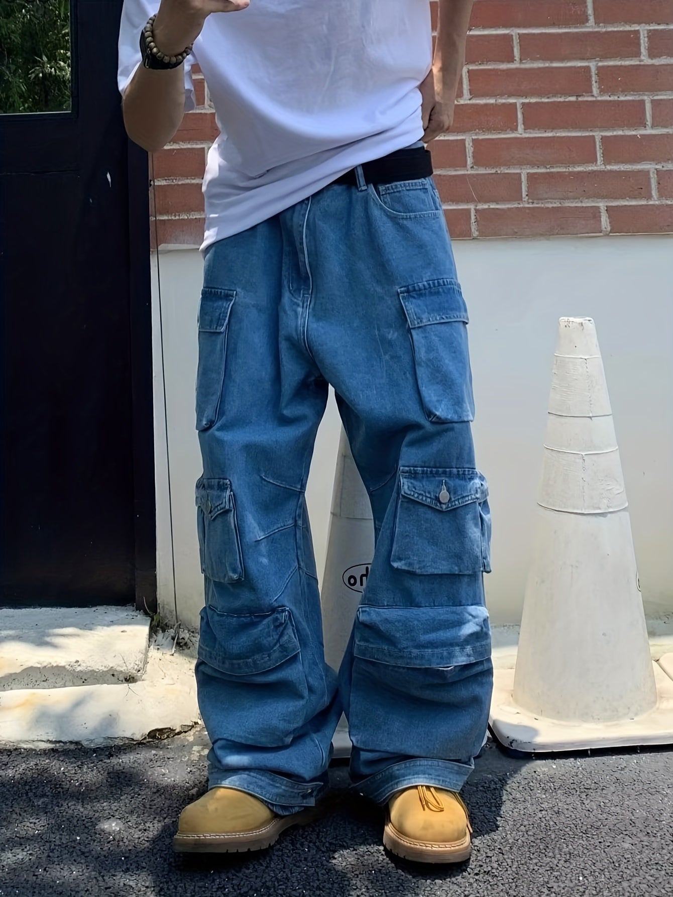 Men's Trendy Multi Flap Pocket Trousers, Wide Leg Loose Casual Outdoor Baggy Pants, Men's Jean Work Pants Outdoors K-pop