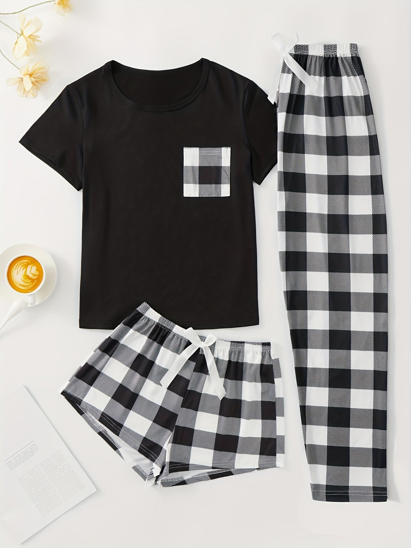 Plaid Print Pajama Set, Short Sleeve Crew Neck Top & Elastic Waistband Shorts & Bow Pants, Women's Sleepwear & Loungewear