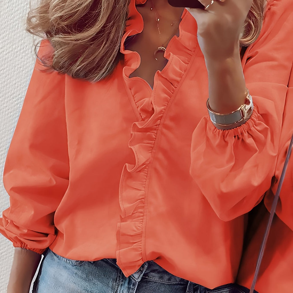 Ruffled Trim V Neck Shirt, Elegant Loose Long Sleeve Shirt, Women's Clothing