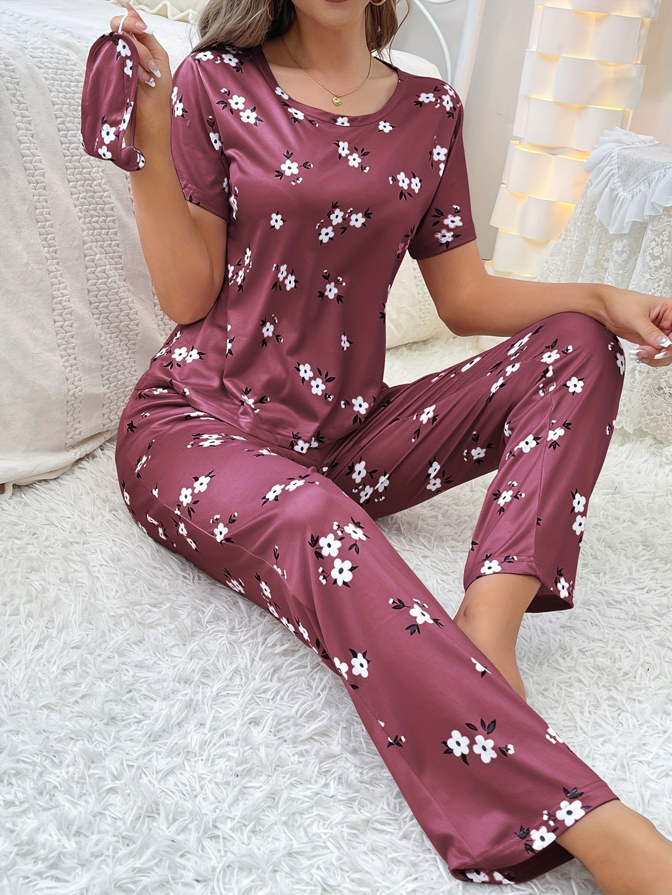 Floral Print Loose Pajamas, Short Sleeve Tee Top And Pants Pj Set, Women's Sleepwear & Loungewear