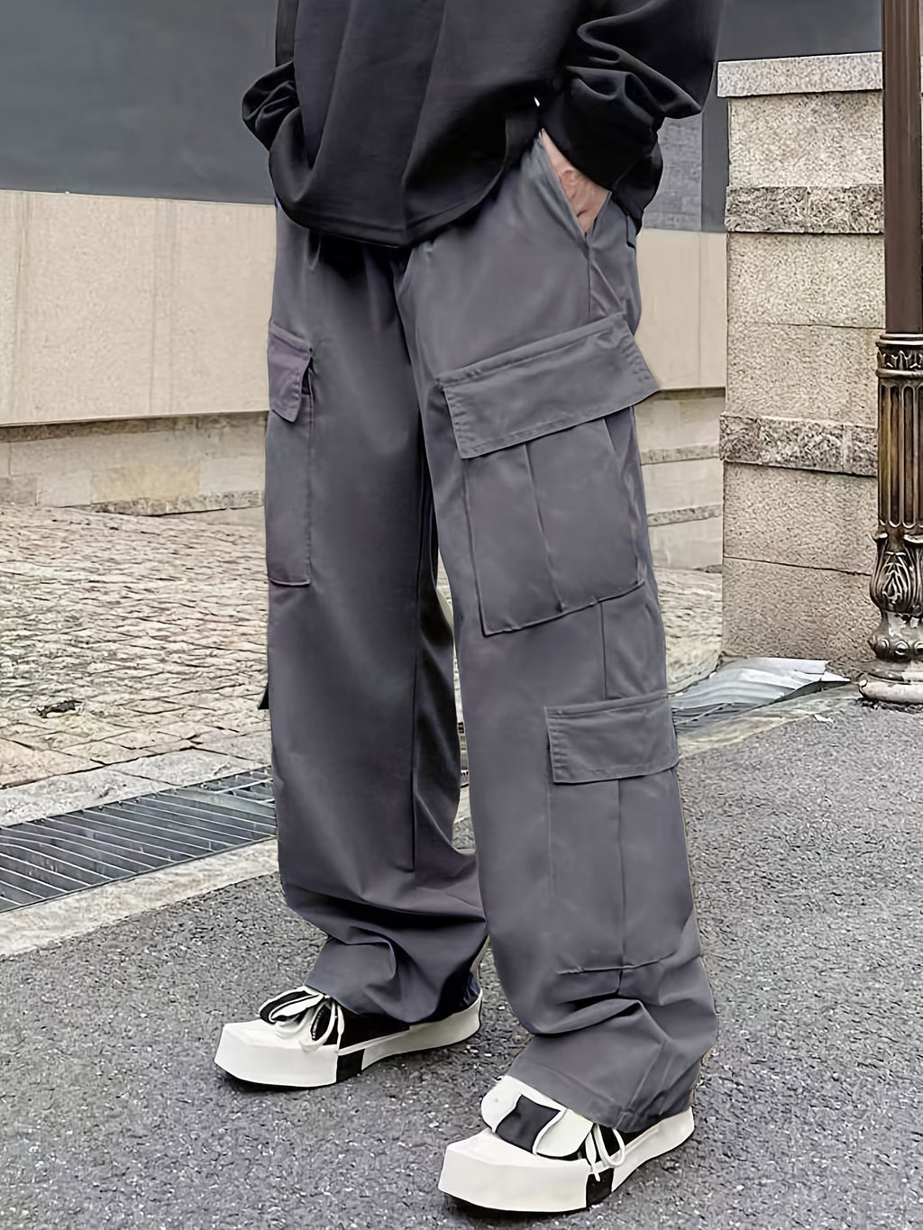 Solid Multi Flap Pockets Men's Straight Leg Cargo Pants, Loose Casual Outdoor Pants, Men's Work Pants Baggy Pants Trendy Streetwear K-pop