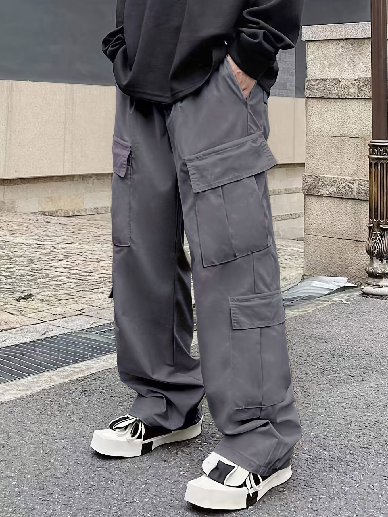 Solid Multi Flap Pockets Men's Straight Leg Cargo Pants, Loose Casual Outdoor Pants, Men's Work Pants Baggy Pants Trendy Streetwear K-pop