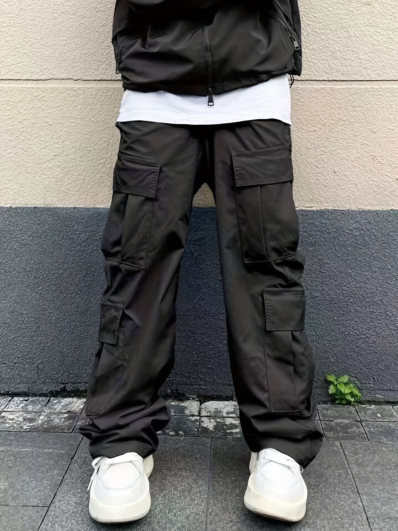 Solid Multi Flap Pockets Men's Straight Leg Cargo Pants, Loose Casual Outdoor Pants, Men's Work Pants Baggy Pants Trendy Streetwear K-pop