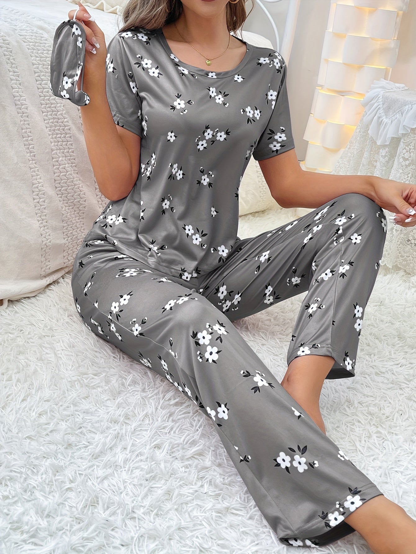 Floral Print Loose Pajamas, Short Sleeve Tee Top And Pants Pj Set, Women's Sleepwear & Loungewear