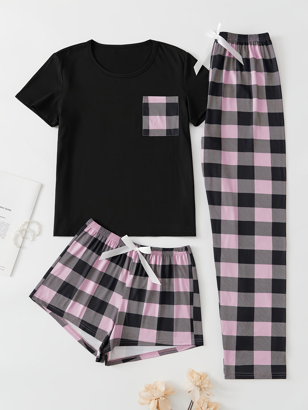 Plaid Print Pajama Set, Short Sleeve Crew Neck Top & Elastic Waistband Shorts & Bow Pants, Women's Sleepwear & Loungewear