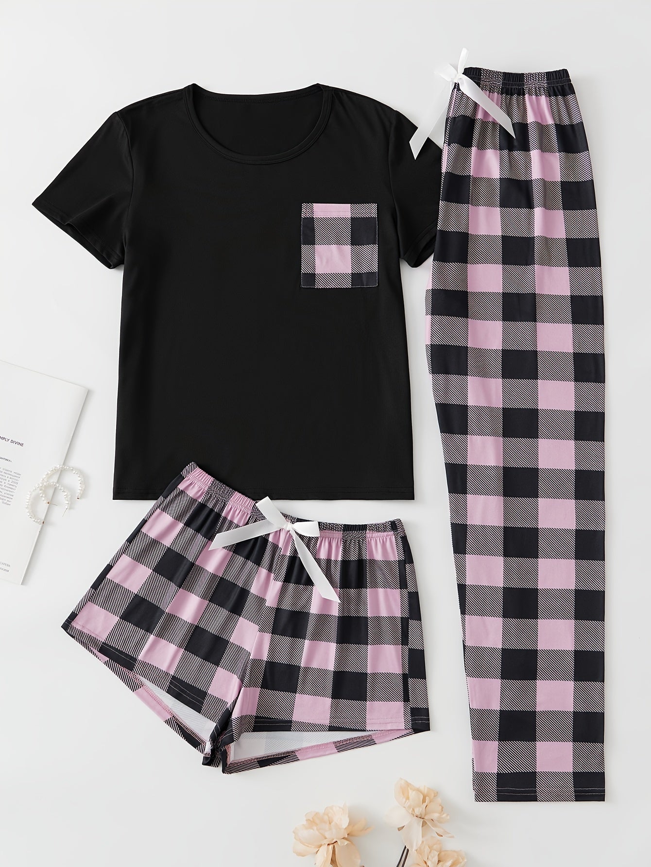 Plaid Print Pajama Set, Short Sleeve Crew Neck Top & Elastic Waistband Shorts & Bow Pants, Women's Sleepwear & Loungewear