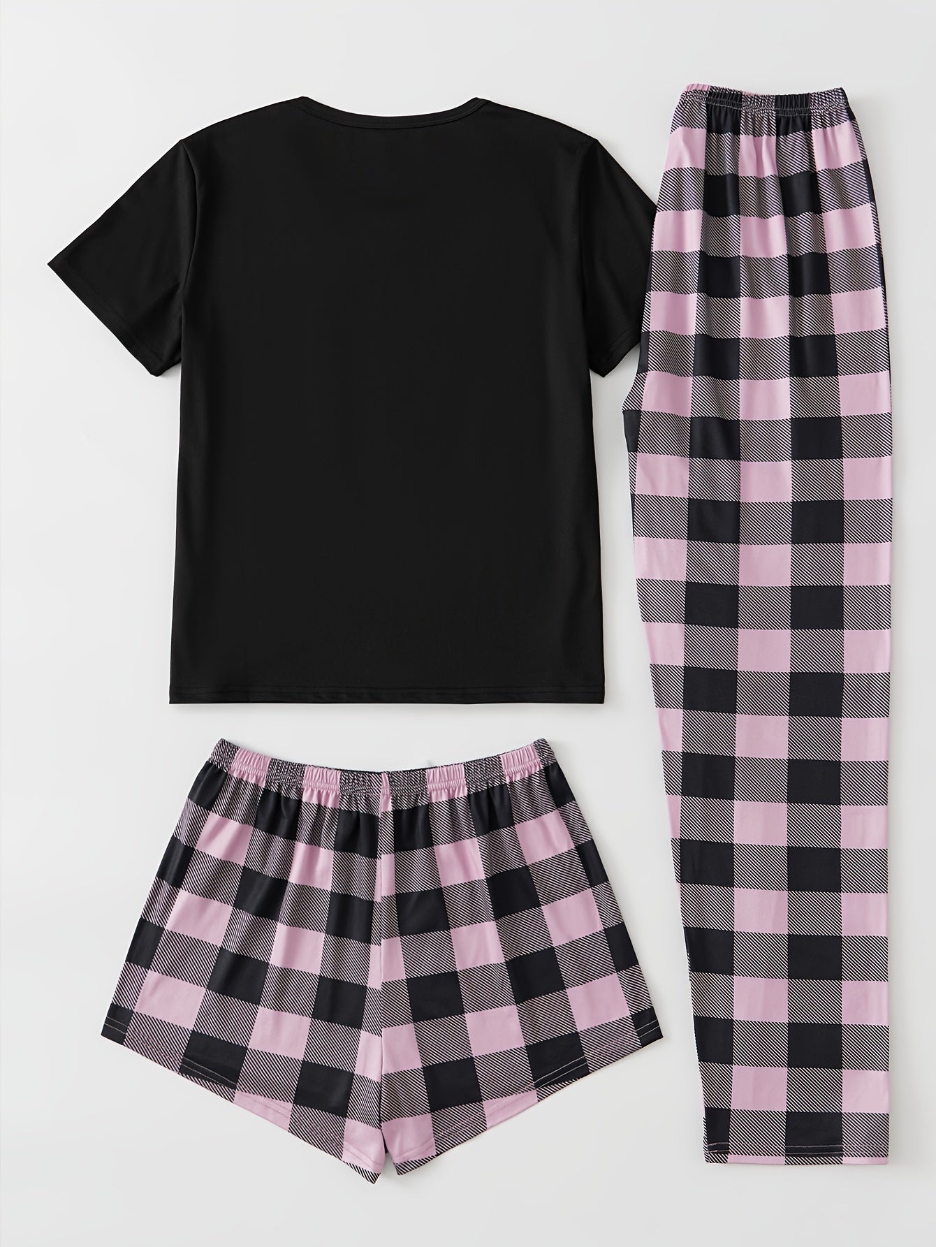 Plaid Print Pajama Set, Short Sleeve Crew Neck Top & Elastic Waistband Shorts & Bow Pants, Women's Sleepwear & Loungewear