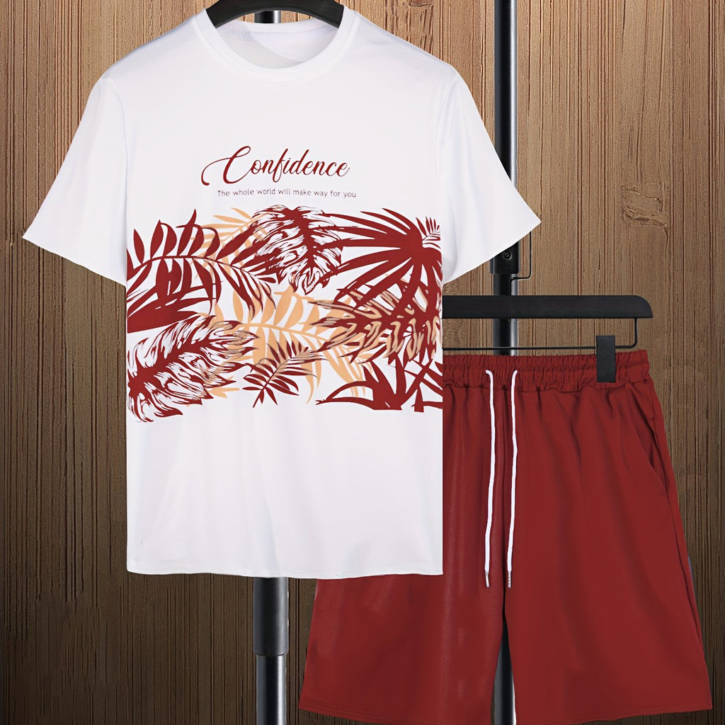 Mens Trendy Leaf Print 2-Piece Outfit - Relaxed Fit T-Shirt & Adjustable Drawstring Shorts - Comfortable Casual Wear