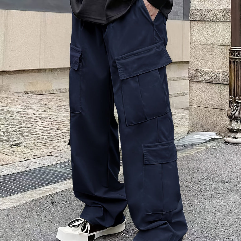 Solid Multi Flap Pockets Men's Straight Leg Cargo Pants, Loose Casual Outdoor Pants, Men's Work Pants Baggy Pants Trendy Streetwear K-pop