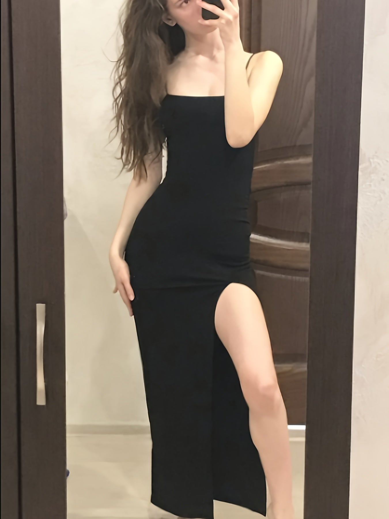 High-Elasticity Bodycon Slingback Cami Dress - Split Back, Solid Color, Elegant Party Dress for Women - Polyester, Spring/Summer/Fall Wear, No Printing, Woven Fabric