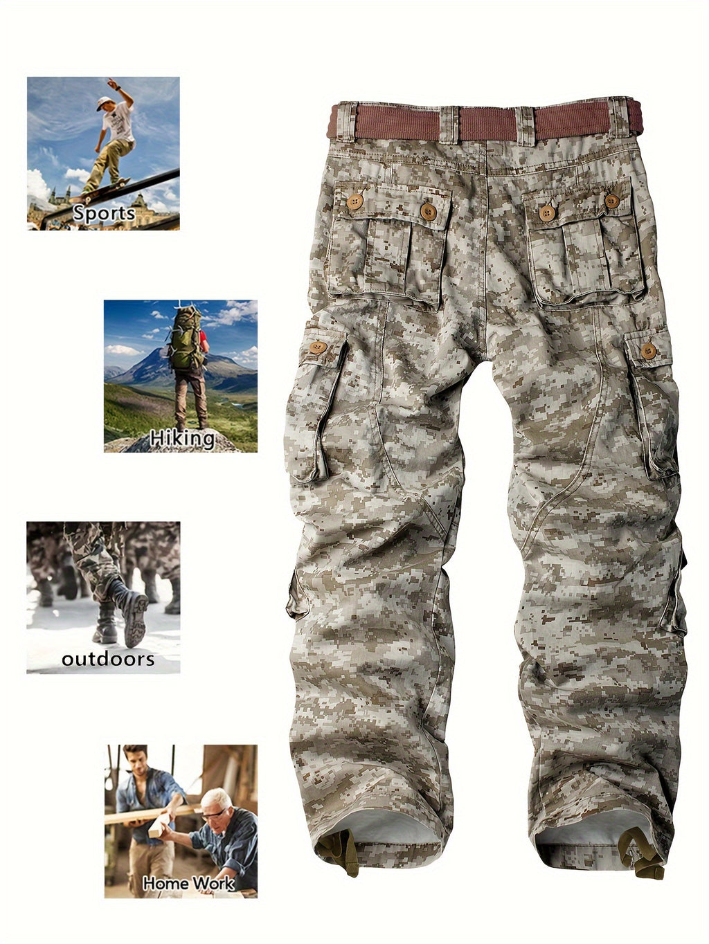Full Length Spring Cotton Men's Cargo Pants Safari Style Camo Casual Work Pants for Outdoors Hiking Fishing Angling Streetwear