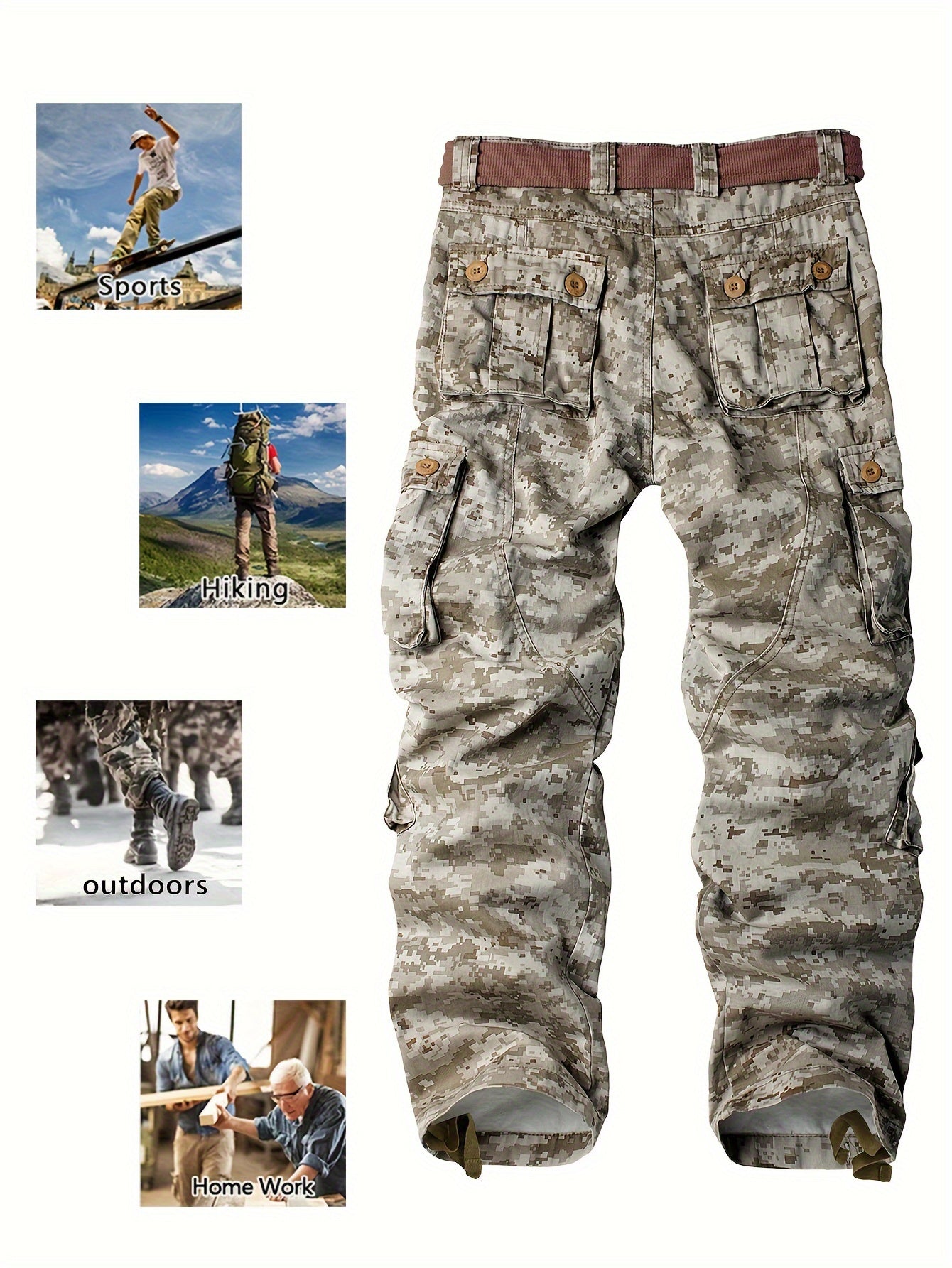 Full Length Spring Cotton Men's Cargo Pants Safari Style Camo Casual Work Pants for Outdoors Hiking Fishing Angling Streetwear