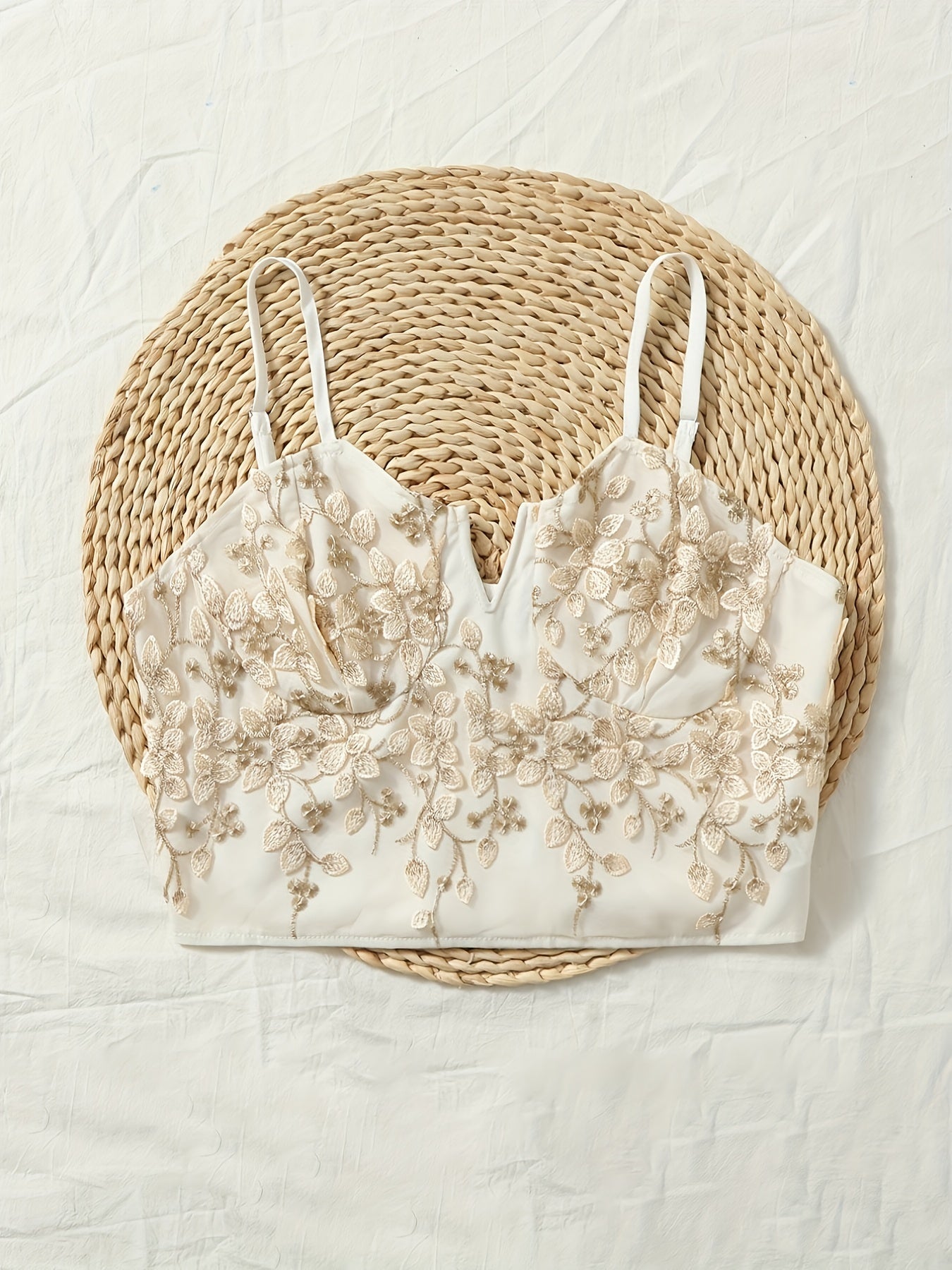 Vibrant Coquette Floral Embroidery V-Neck Slingback Tank Top - Elegant Summer Essential with Chain Details, Non-Stretch Polyester Fabric, Hand Wash Only, Solid Color Random Printing - Perfect for Young Women