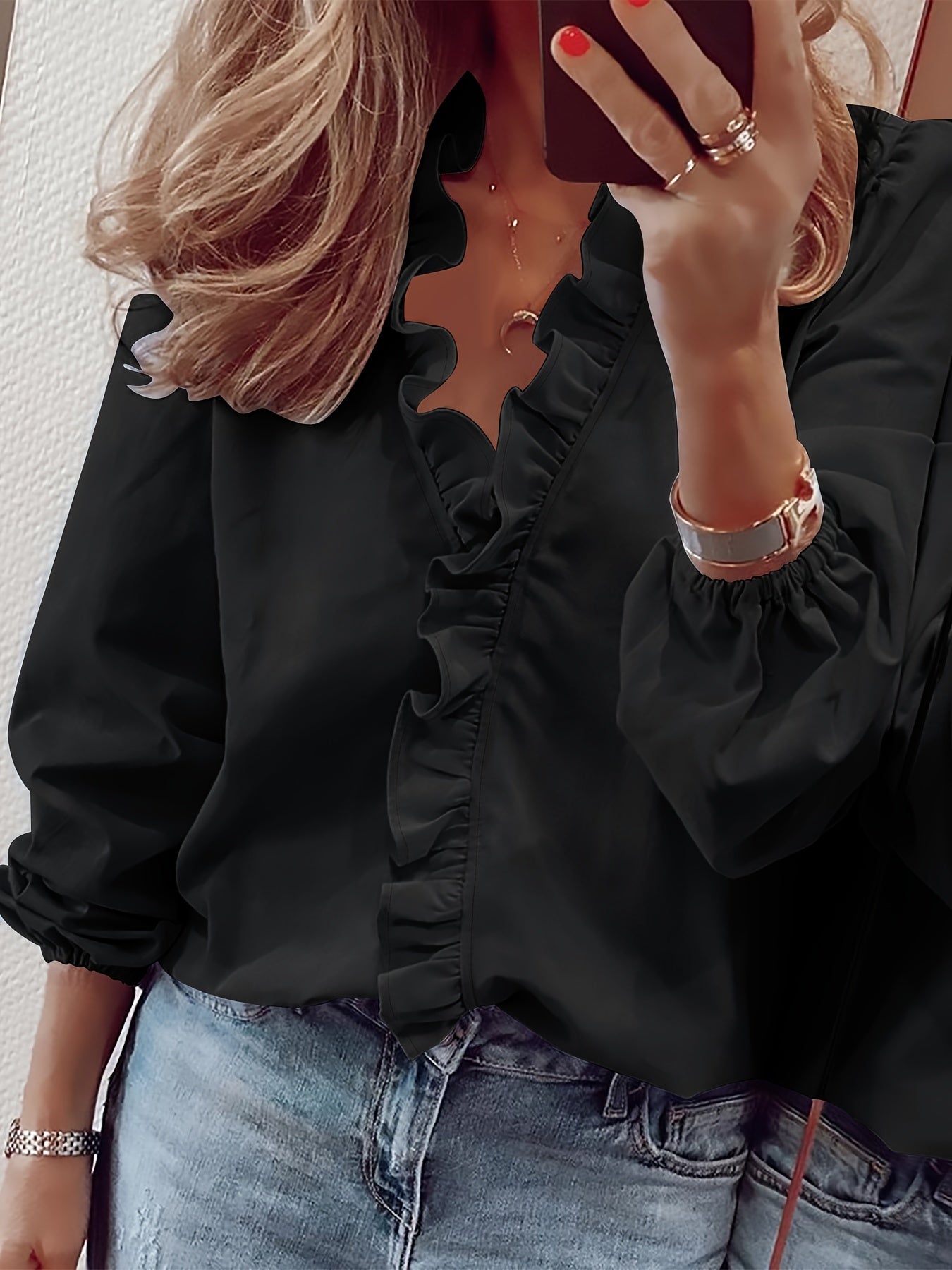 Ruffled Trim V Neck Shirt, Elegant Loose Long Sleeve Shirt, Women's Clothing