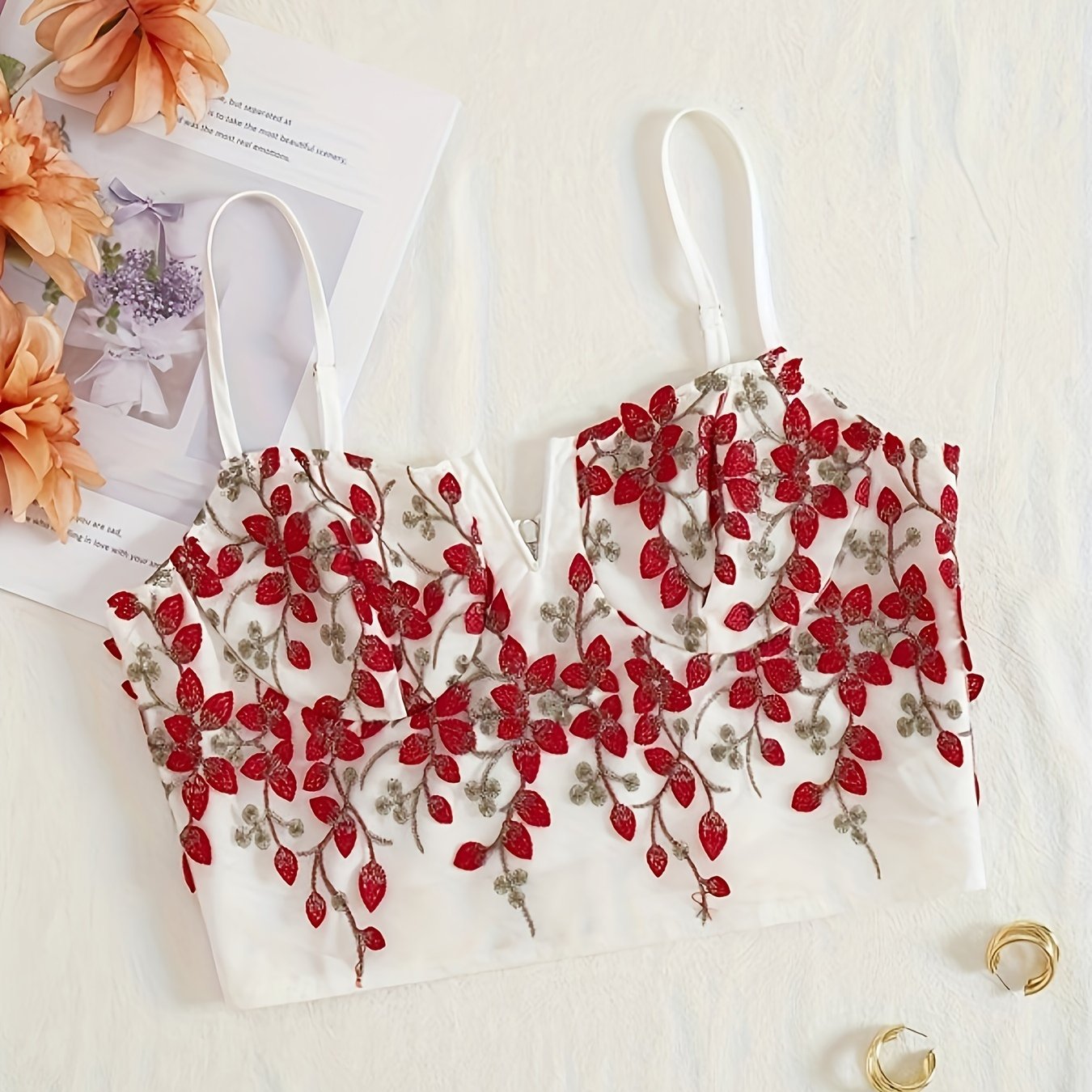 Vibrant Coquette Floral Embroidery V-Neck Slingback Tank Top - Elegant Summer Essential with Chain Details, Non-Stretch Polyester Fabric, Hand Wash Only, Solid Color Random Printing - Perfect for Young Women