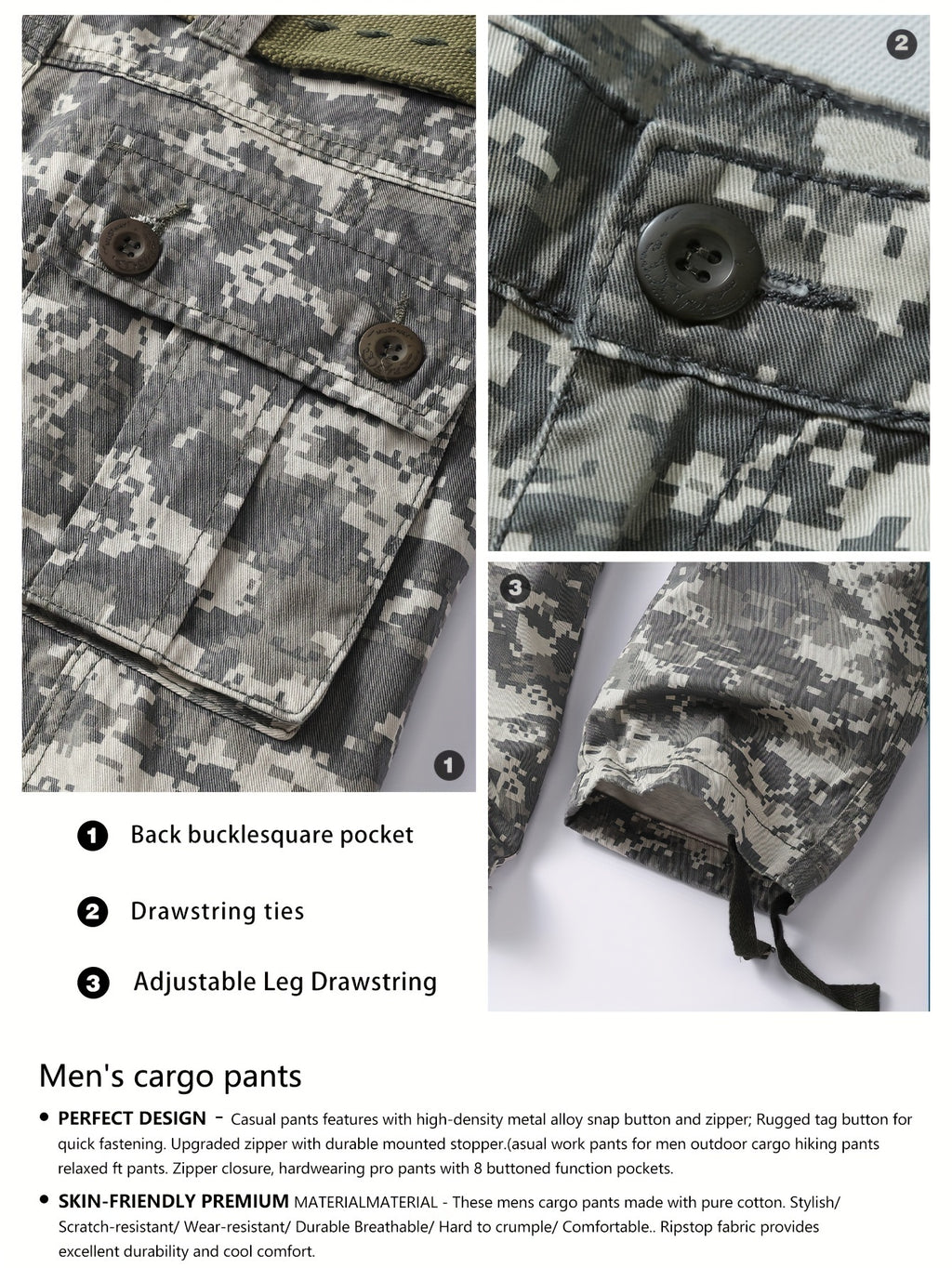Men’s Tactical Camo Cargo Pants: Comfort Cotton, Multi-Flap Pockets, Ideal for Hiking & Casual Outdoors