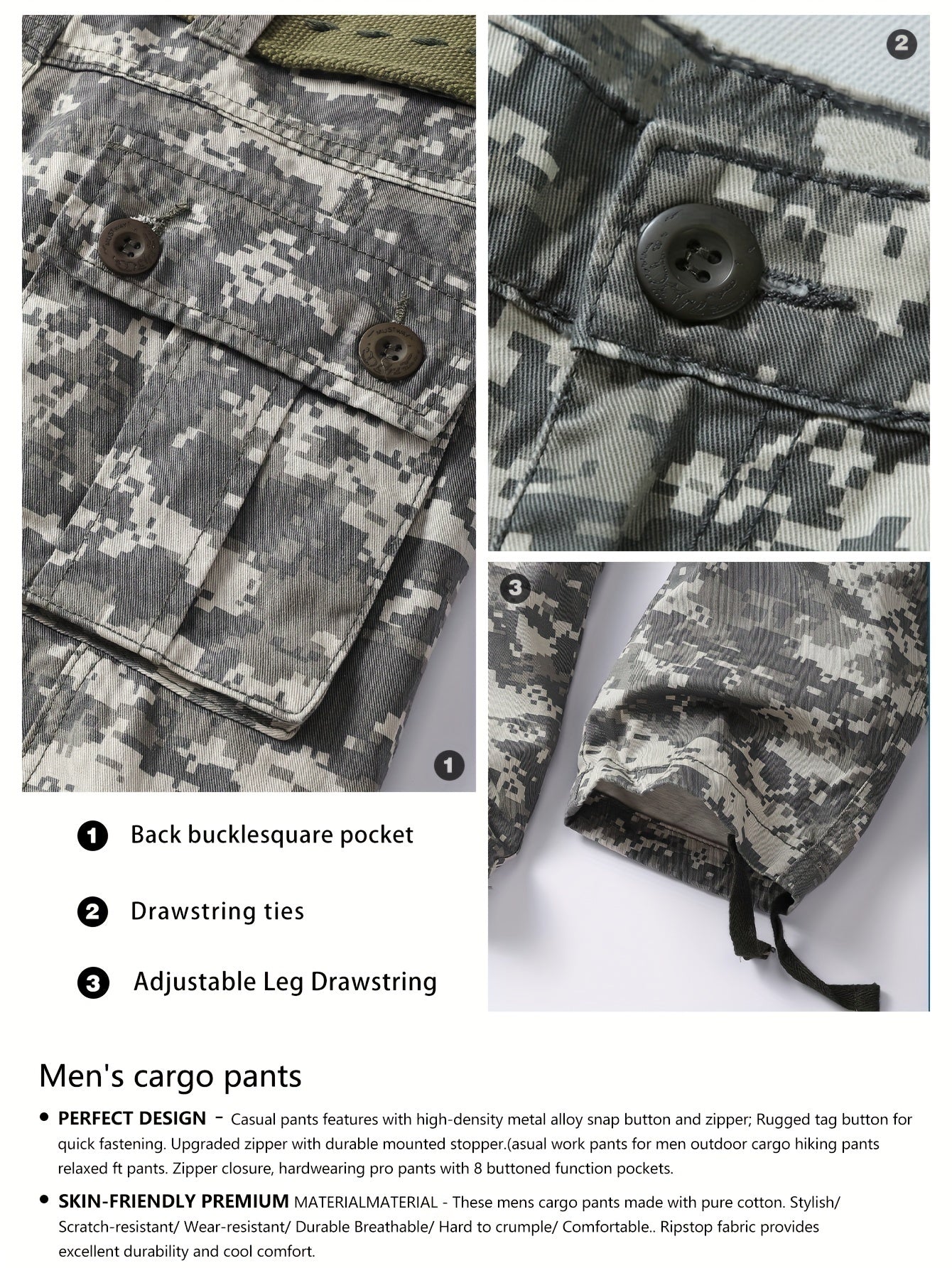 Men’s Tactical Camo Cargo Pants: Comfort Cotton, Multi-Flap Pockets, Ideal for Hiking & Casual Outdoors