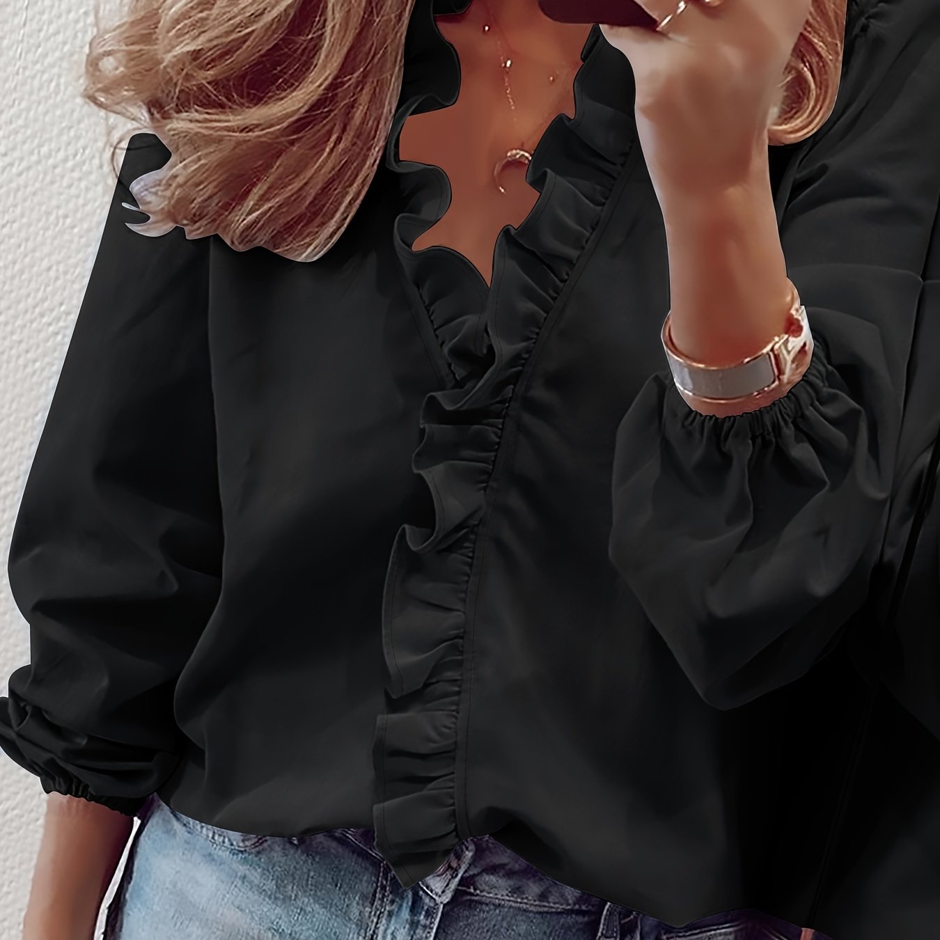 Ruffled Trim V Neck Shirt, Elegant Loose Long Sleeve Shirt, Women's Clothing