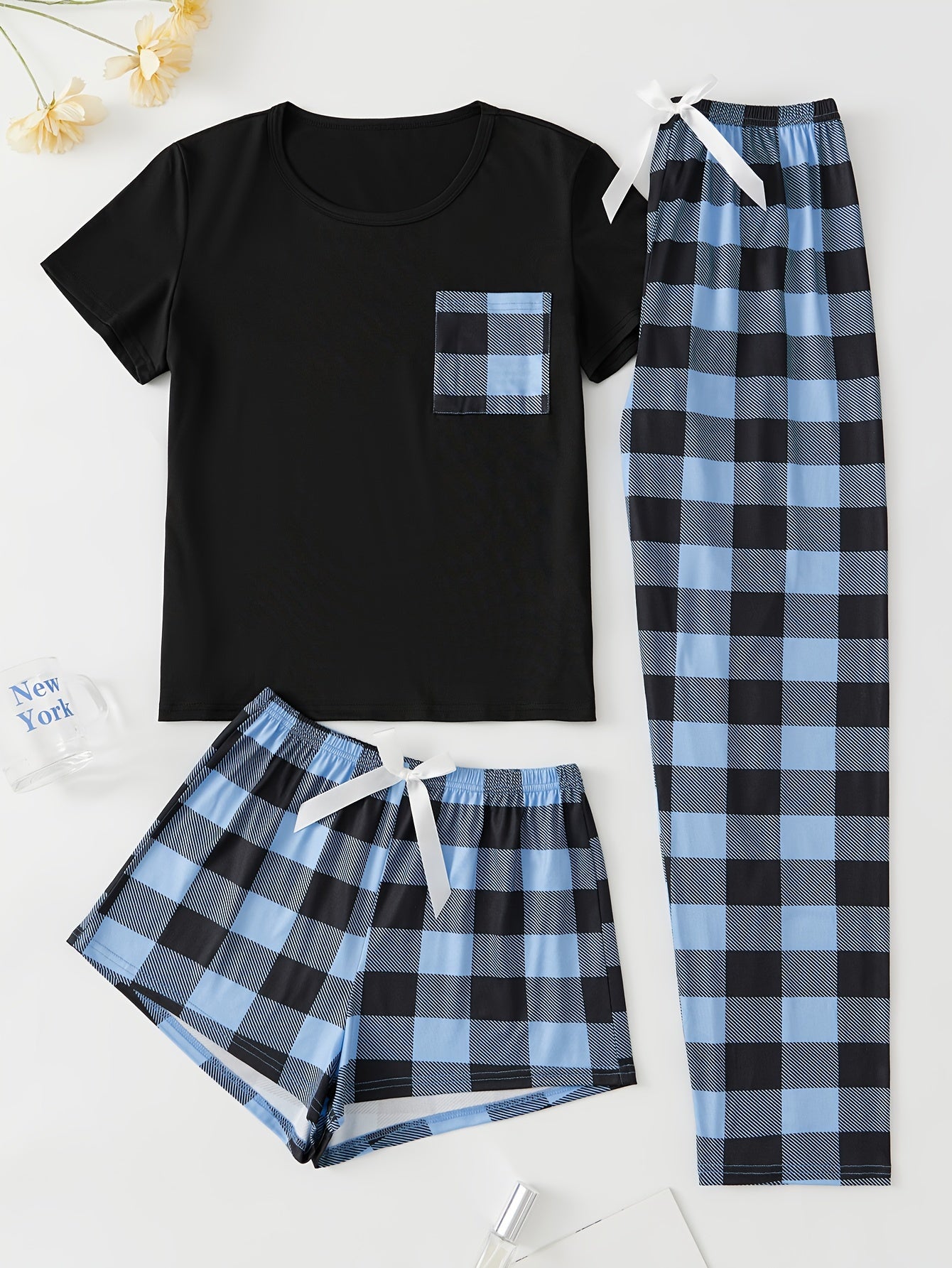 Plaid Print Pajama Set, Short Sleeve Crew Neck Top & Elastic Waistband Shorts & Bow Pants, Women's Sleepwear & Loungewear
