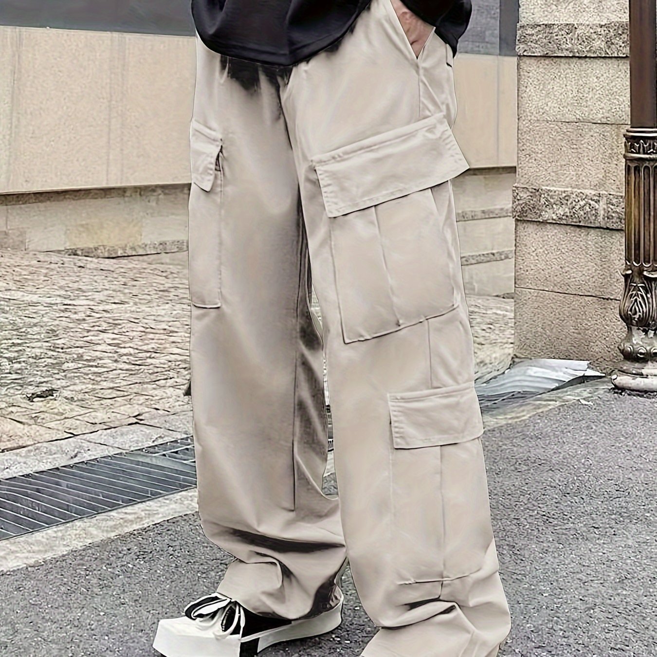 Solid Multi Flap Pockets Men's Straight Leg Cargo Pants, Loose Casual Outdoor Pants, Men's Work Pants Baggy Pants Trendy Streetwear K-pop