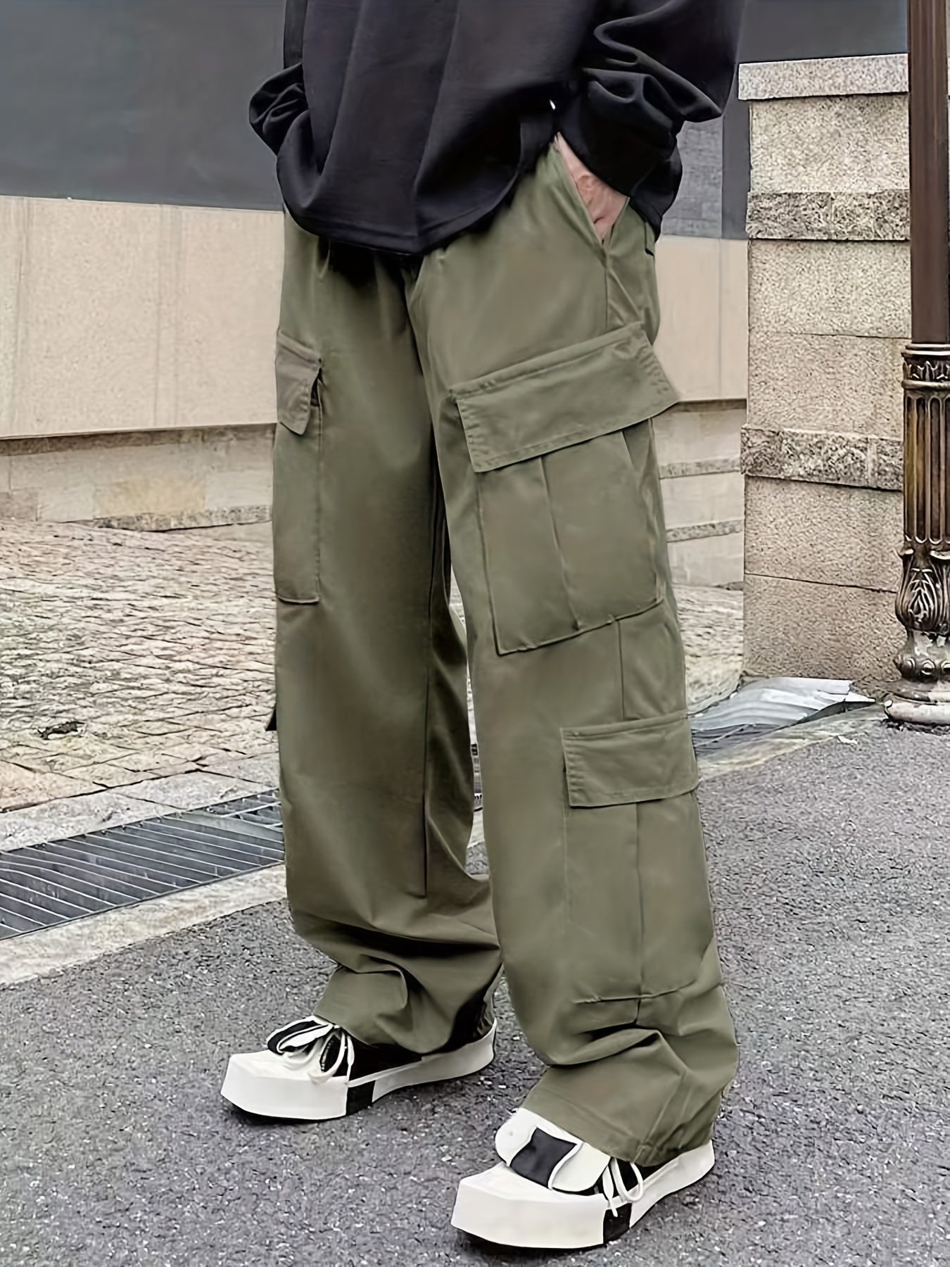 Solid Multi Flap Pockets Men's Straight Leg Cargo Pants, Loose Casual Outdoor Pants, Men's Work Pants Baggy Pants Trendy Streetwear K-pop