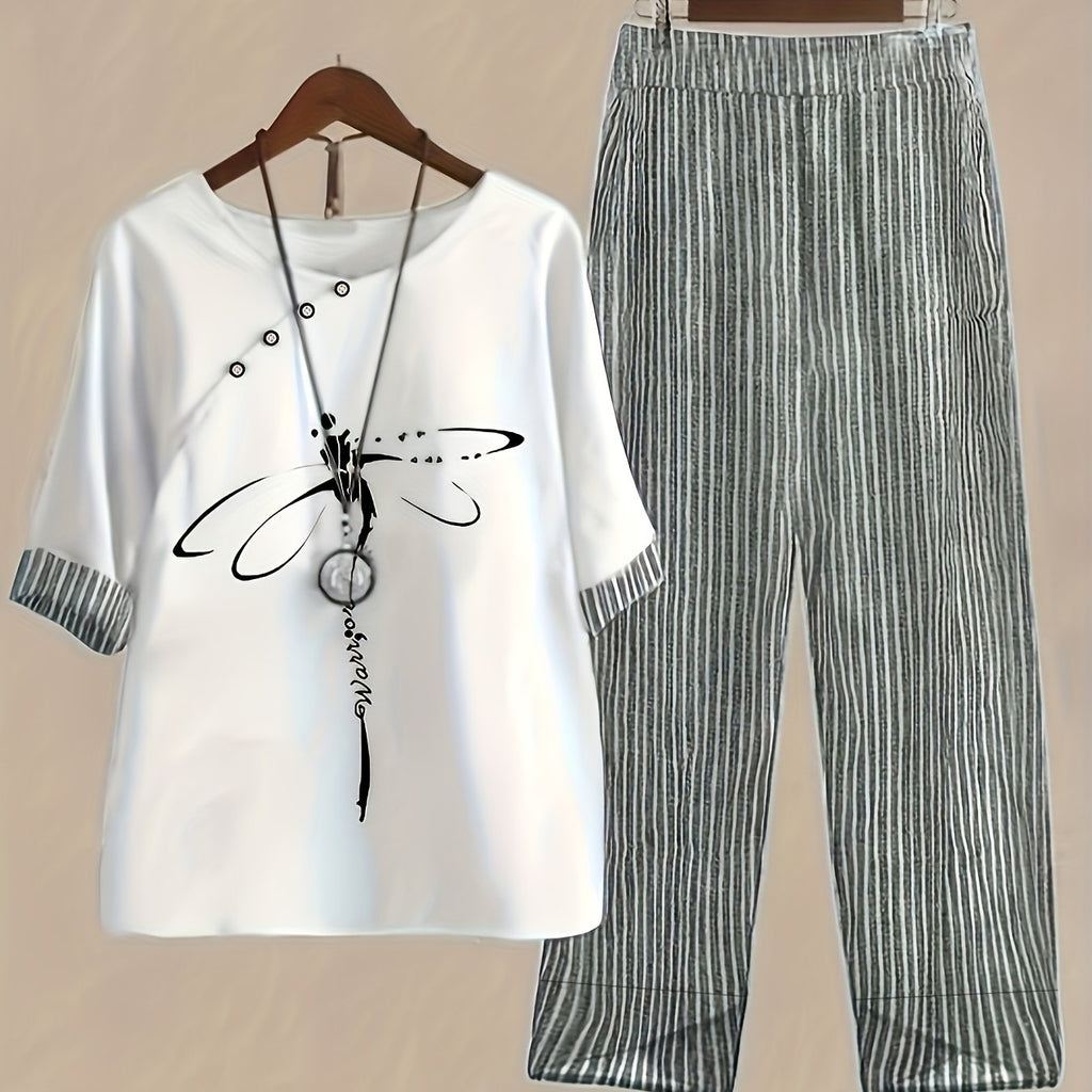 Dragonfly & Stripe Print Two-piece Set, Contrast Trim Crew Neck Top & Baggy Pants Outfits, Women's Clothing