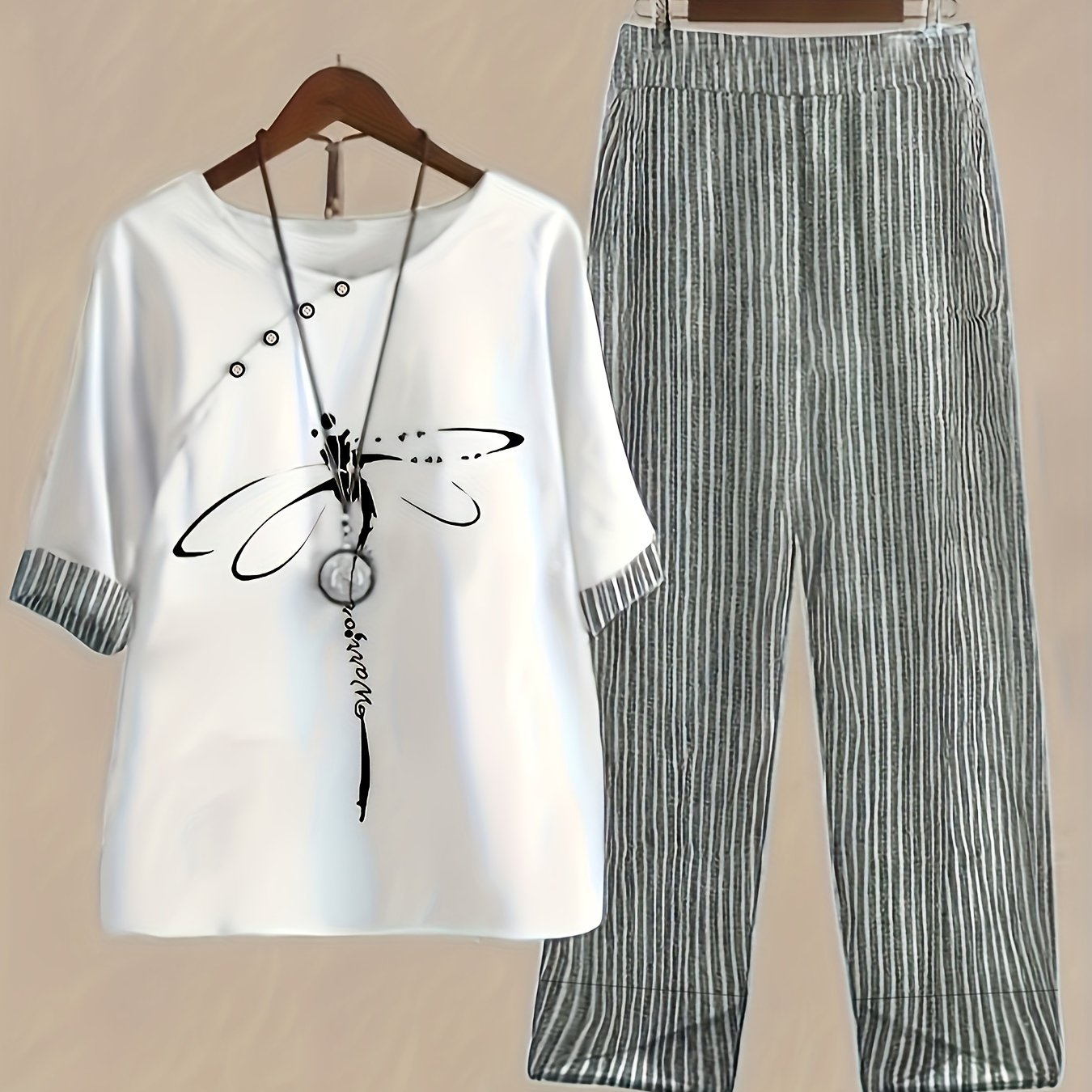 Dragonfly & Stripe Print Two-piece Set, Contrast Trim Crew Neck Top & Baggy Pants Outfits, Women's Clothing