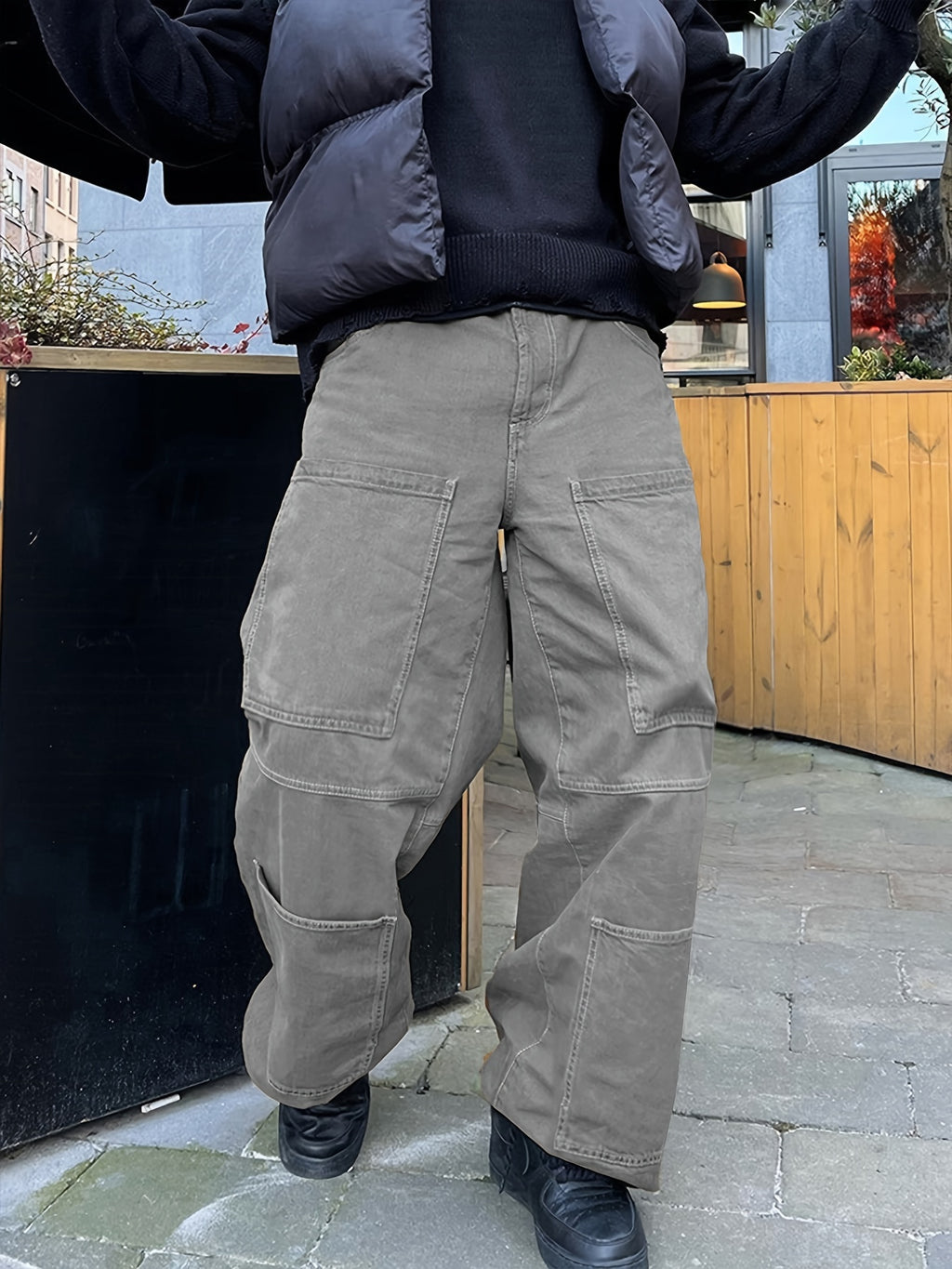 Retro Denim Men's Straight Leg Cargo Pants, Loose Baggy Pants Casual Outdoor Jeans Pants, Work Pants Hipster Streetwear Hiphop Rapper Style For Men