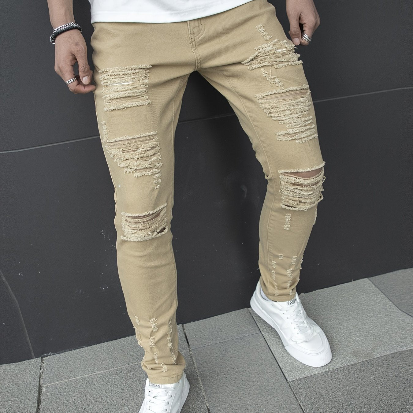 Men's Chic Slim Fit Ripped Jeans - Distressed Mid Stretch Denim Pants for Spring Summer Casual Street Style