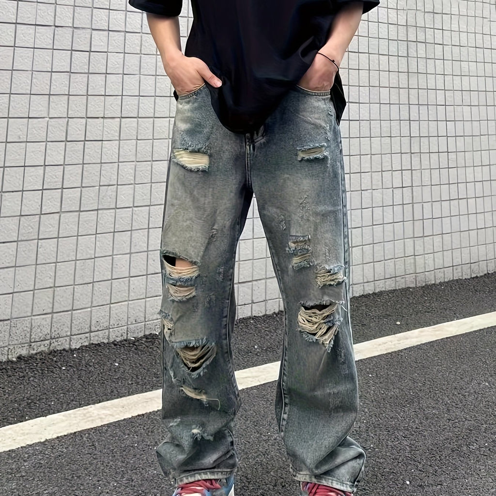 Baggy Ripped Cotton Jeans, Men's Casual Street Style Distressed Denim Pants For Spring Summer K-pop