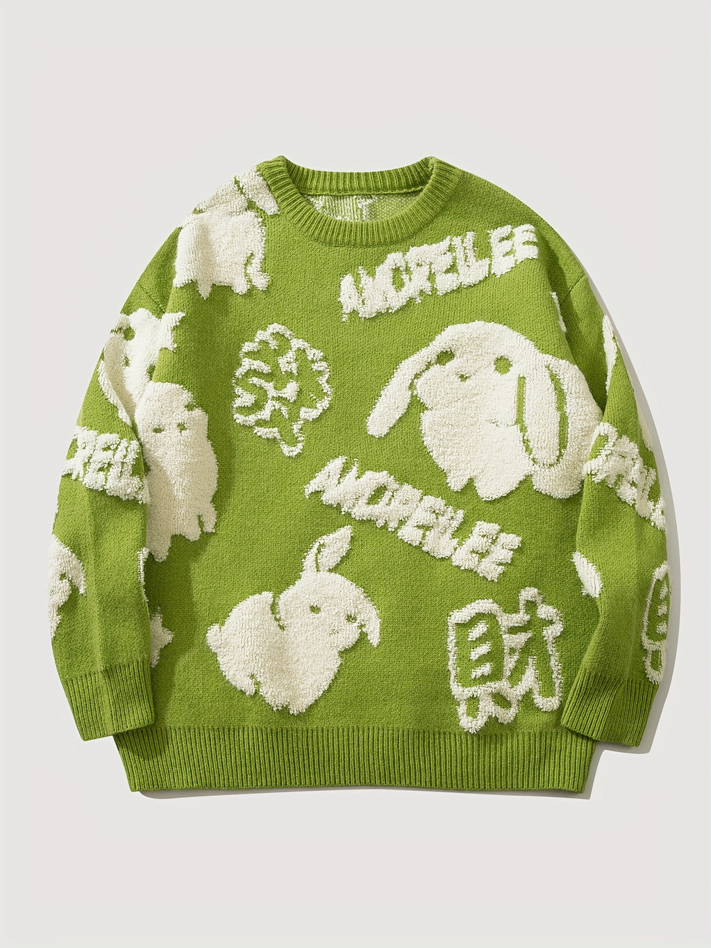 YWFG Cute Knitted Cute Rabbit & Wealth Chenille Embroidery Sweater, Men's Casual Warm Crew Neck Pullover Sweater For Men Fall Winter