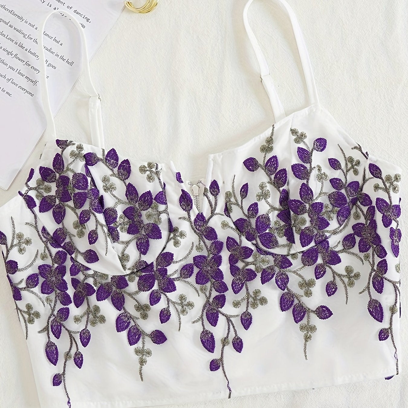 Vibrant Coquette Floral Embroidery V-Neck Slingback Tank Top - Elegant Summer Essential with Chain Details, Non-Stretch Polyester Fabric, Hand Wash Only, Solid Color Random Printing - Perfect for Young Women