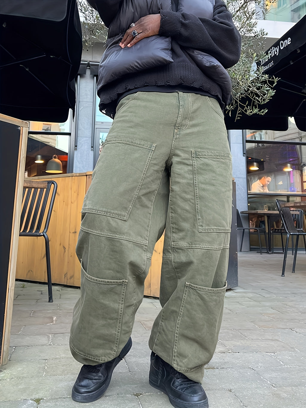 Retro Denim Men's Straight Leg Cargo Pants, Loose Baggy Pants Casual Outdoor Jeans Pants, Work Pants Hipster Streetwear Hiphop Rapper Style For Men