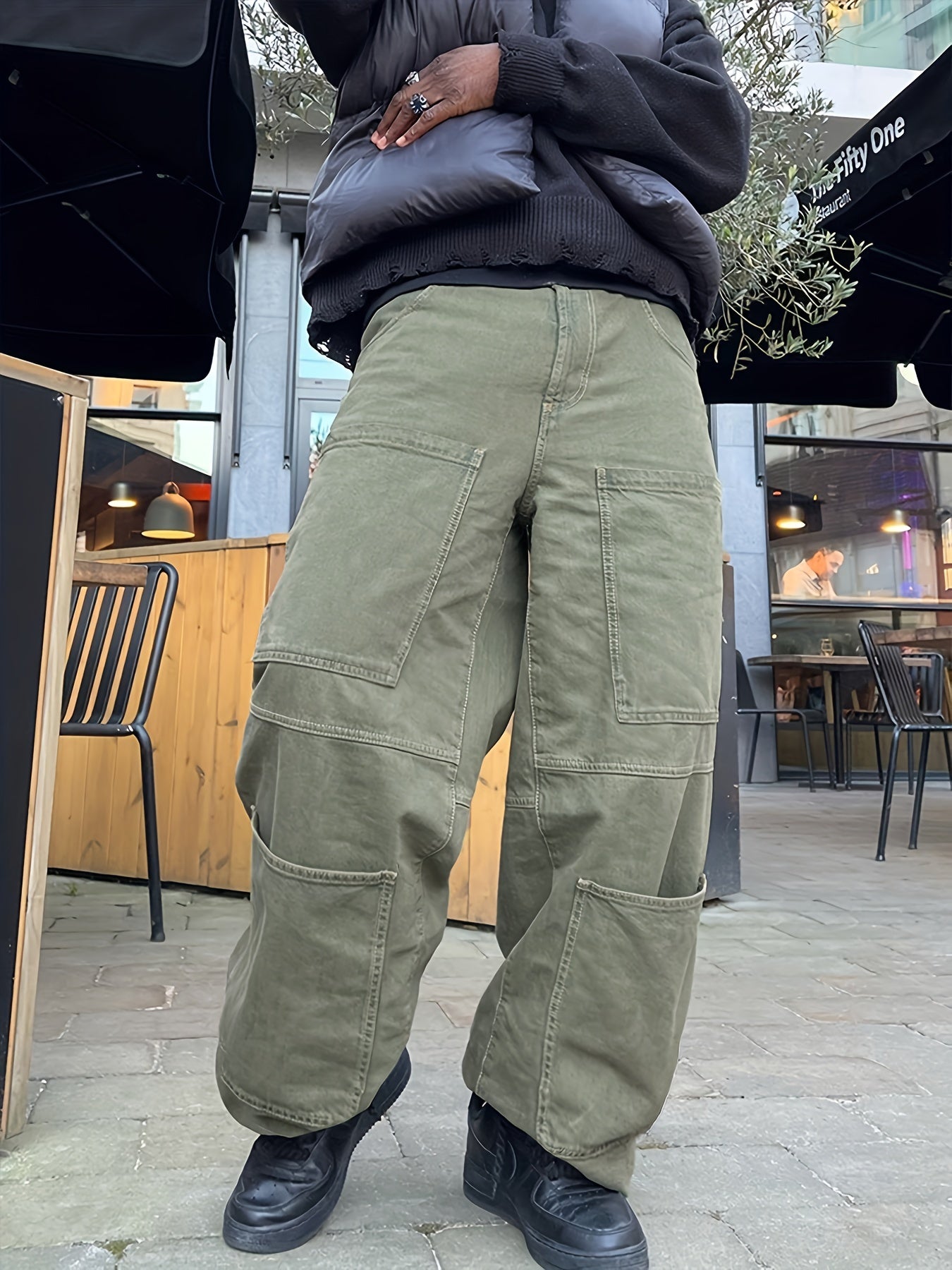 Retro Denim Men's Straight Leg Cargo Pants, Loose Baggy Pants Casual Outdoor Jeans Pants, Work Pants Hipster Streetwear Hiphop Rapper Style For Men