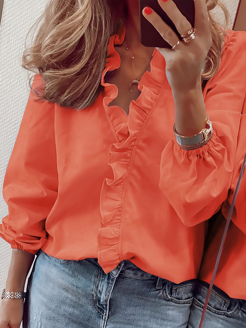 Ruffled Trim V Neck Shirt, Elegant Loose Long Sleeve Shirt, Women's Clothing
