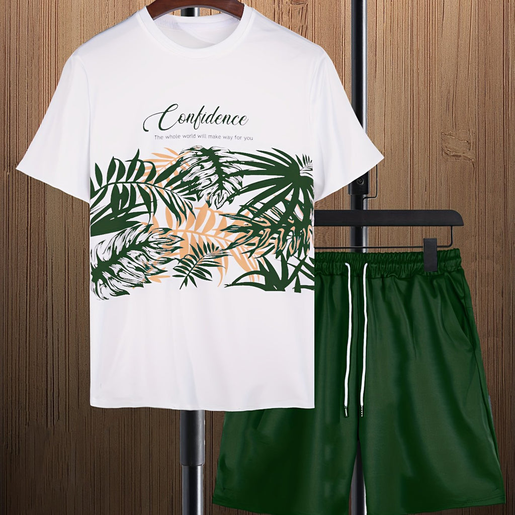 Mens Trendy Leaf Print 2-Piece Outfit - Relaxed Fit T-Shirt & Adjustable Drawstring Shorts - Comfortable Casual Wear