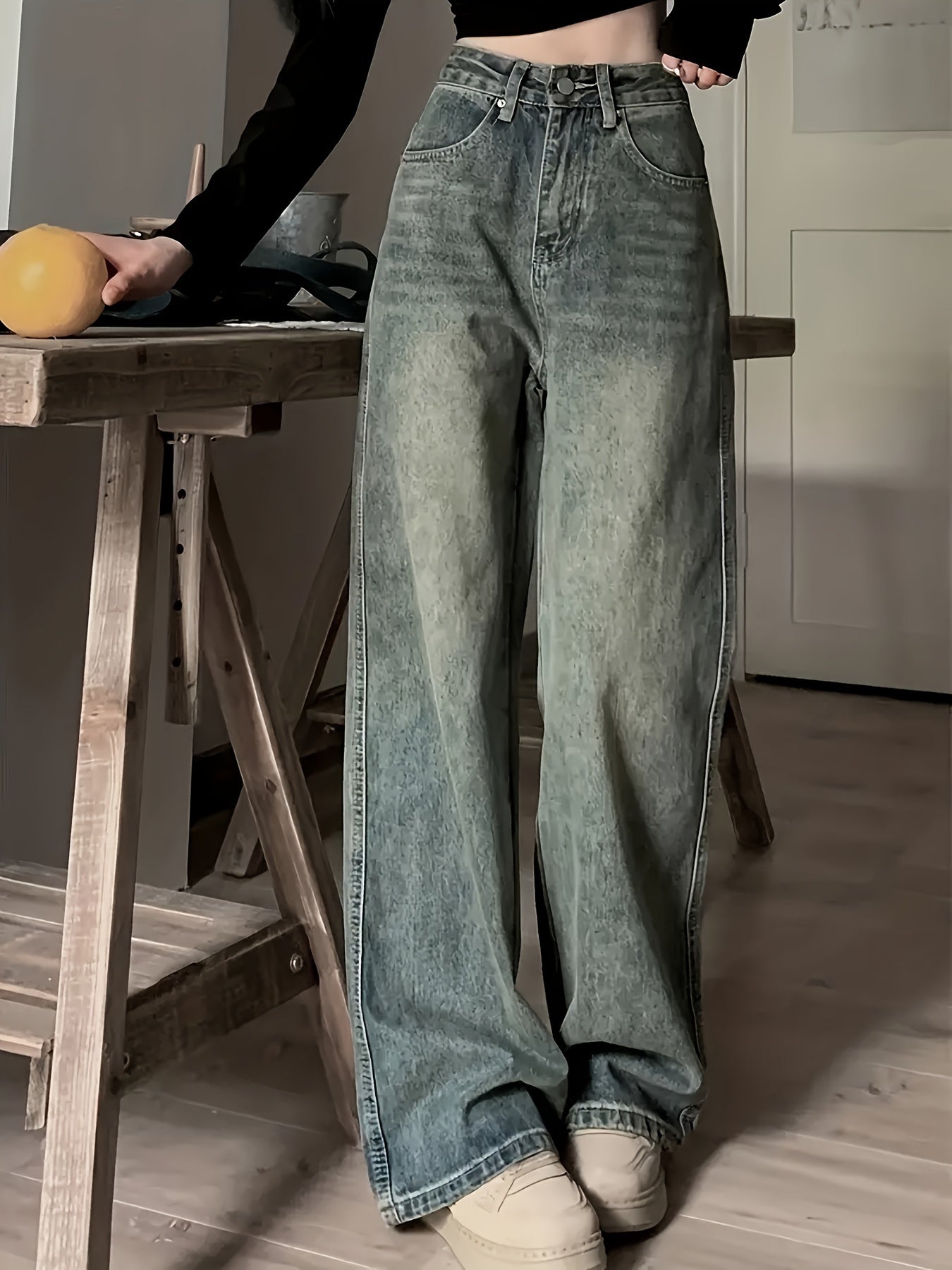 Vintage Wide Leg Jeans, Slant Pocket Loose Stylist Streetwear Baggy Denim Pants, Women's Denim Jeans & Clothing
