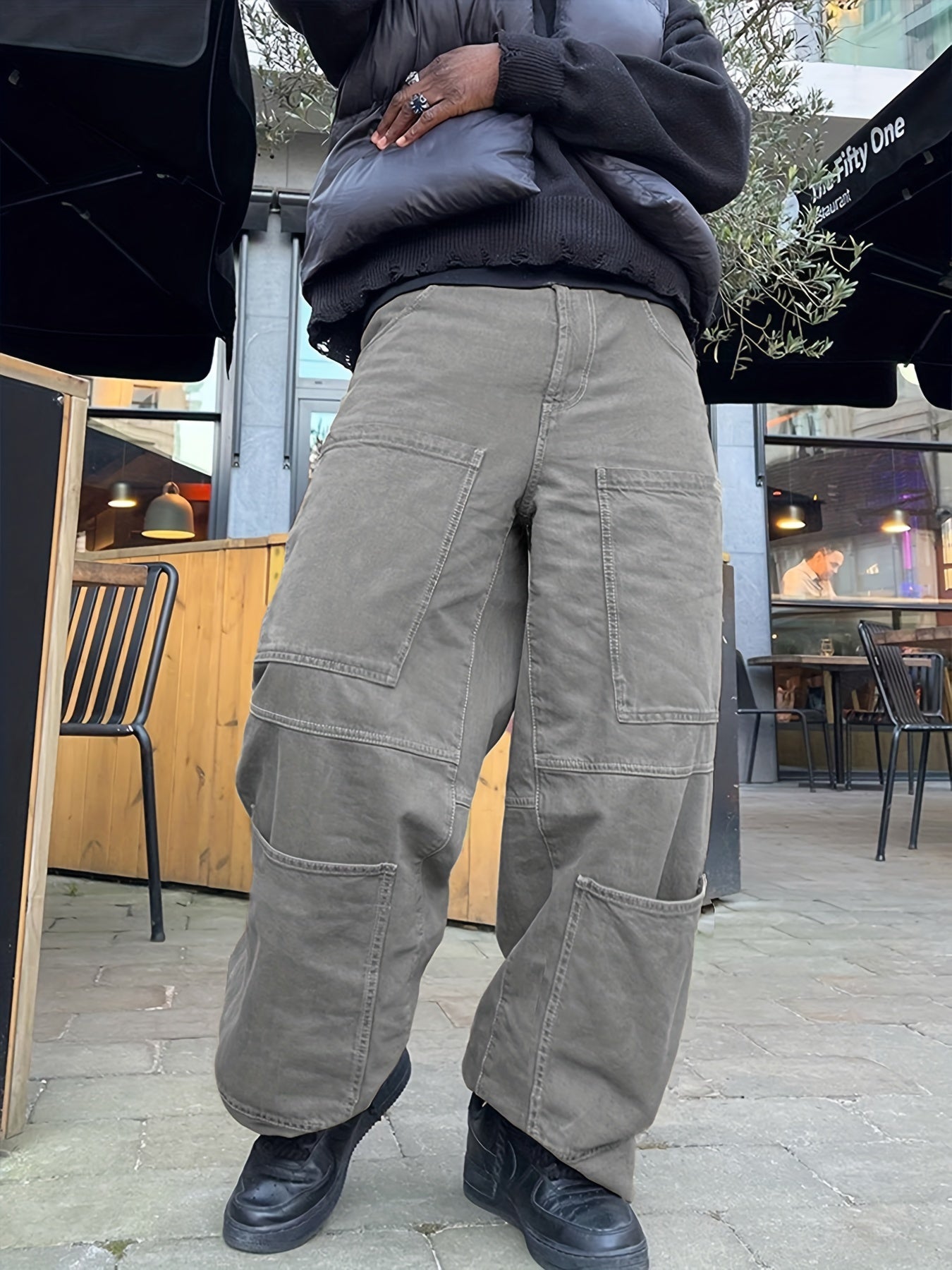 Retro Denim Men's Straight Leg Cargo Pants, Loose Baggy Pants Casual Outdoor Jeans Pants, Work Pants Hipster Streetwear Hiphop Rapper Style For Men
