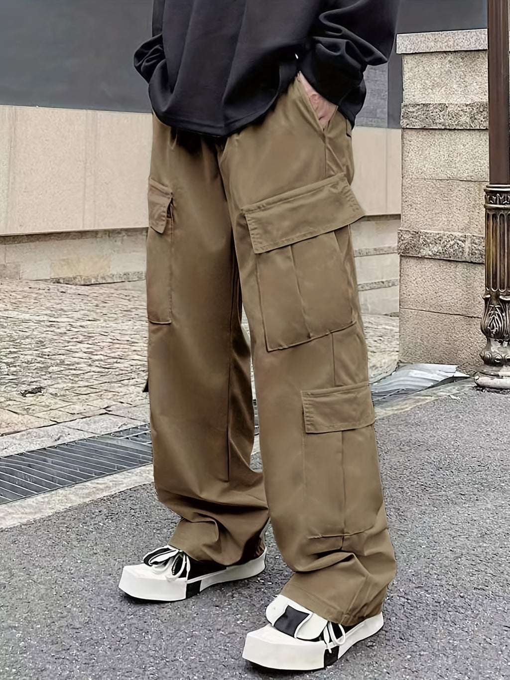 Solid Multi Flap Pockets Men's Straight Leg Cargo Pants, Loose Casual Outdoor Pants, Men's Work Pants Baggy Pants Trendy Streetwear K-pop