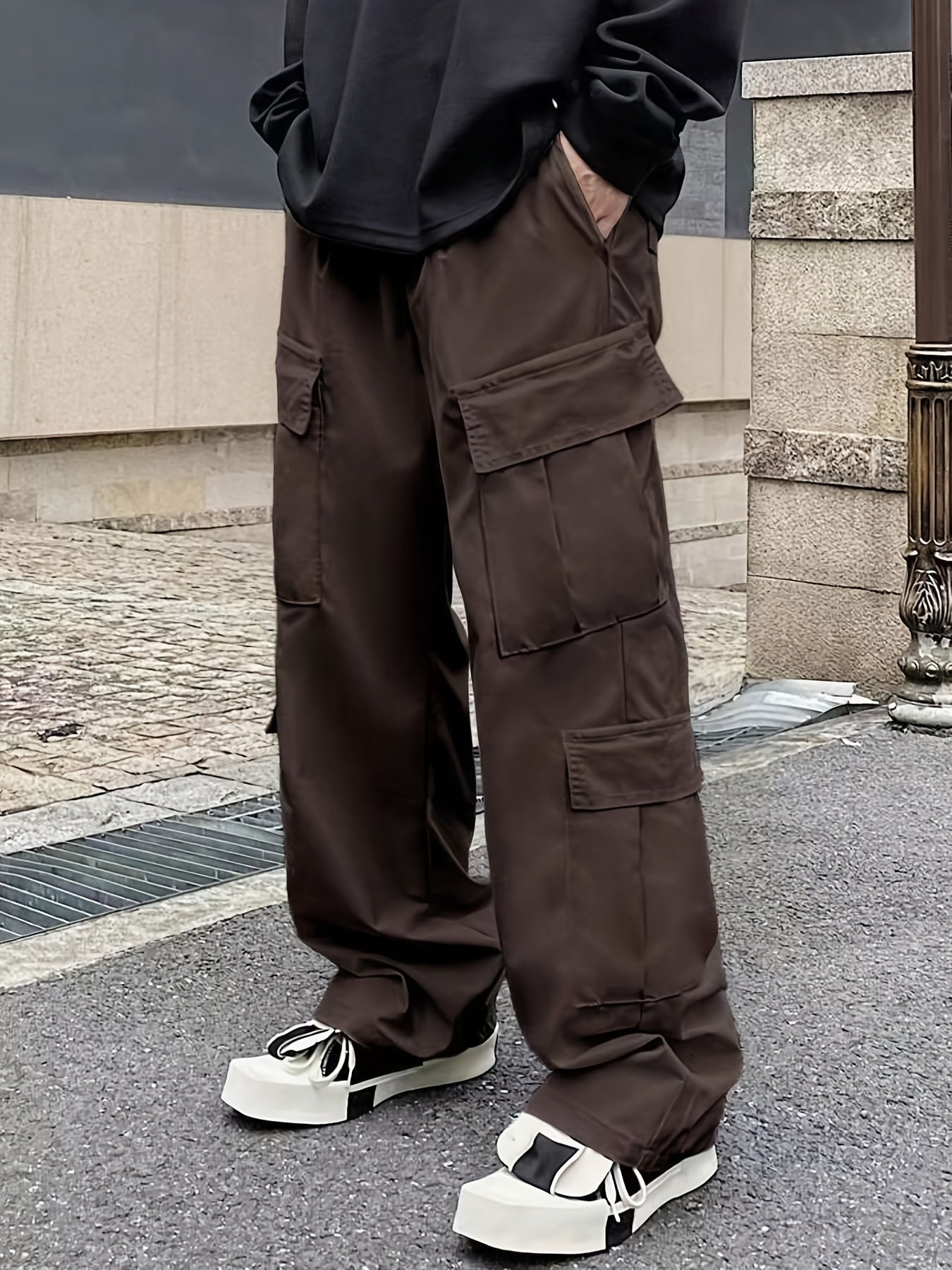 Solid Multi Flap Pockets Men's Straight Leg Cargo Pants, Loose Casual Outdoor Pants, Men's Work Pants Baggy Pants Trendy Streetwear K-pop