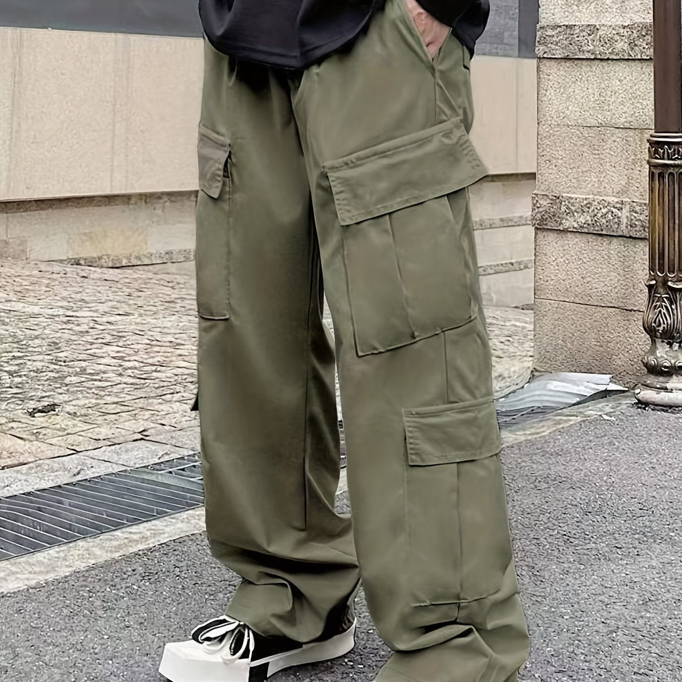 Solid Multi Flap Pockets Men's Straight Leg Cargo Pants, Loose Casual Outdoor Pants, Men's Work Pants Baggy Pants Trendy Streetwear K-pop