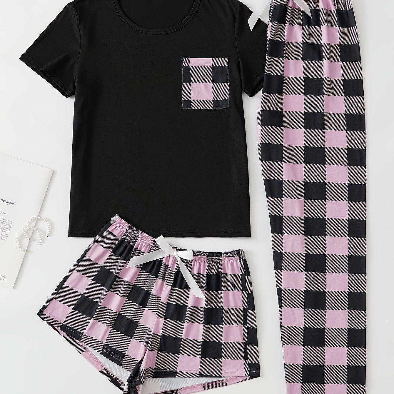 Plaid Print Pajama Set, Short Sleeve Crew Neck Top & Elastic Waistband Shorts & Bow Pants, Women's Sleepwear & Loungewear