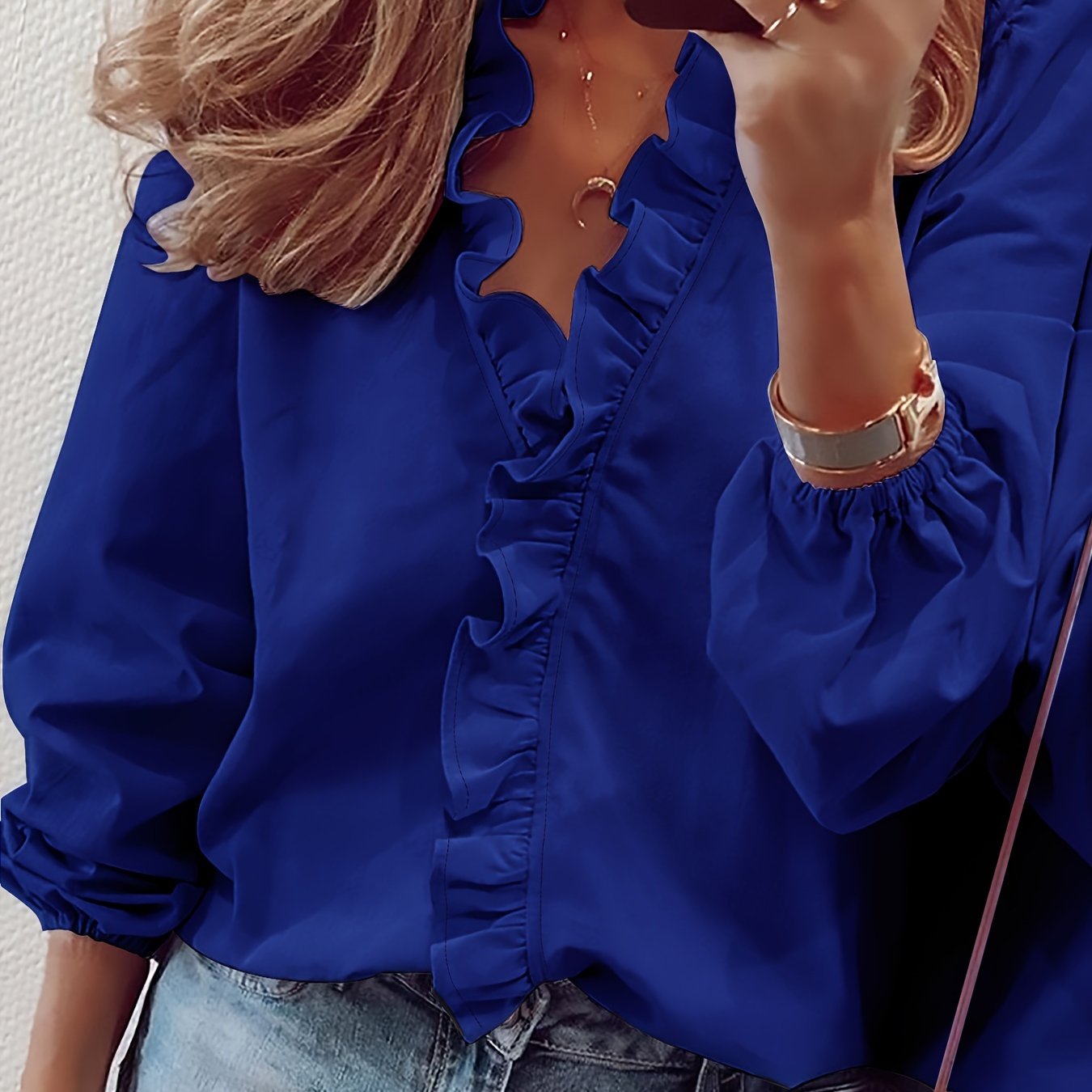 Ruffled Trim V Neck Shirt, Elegant Loose Long Sleeve Shirt, Women's Clothing